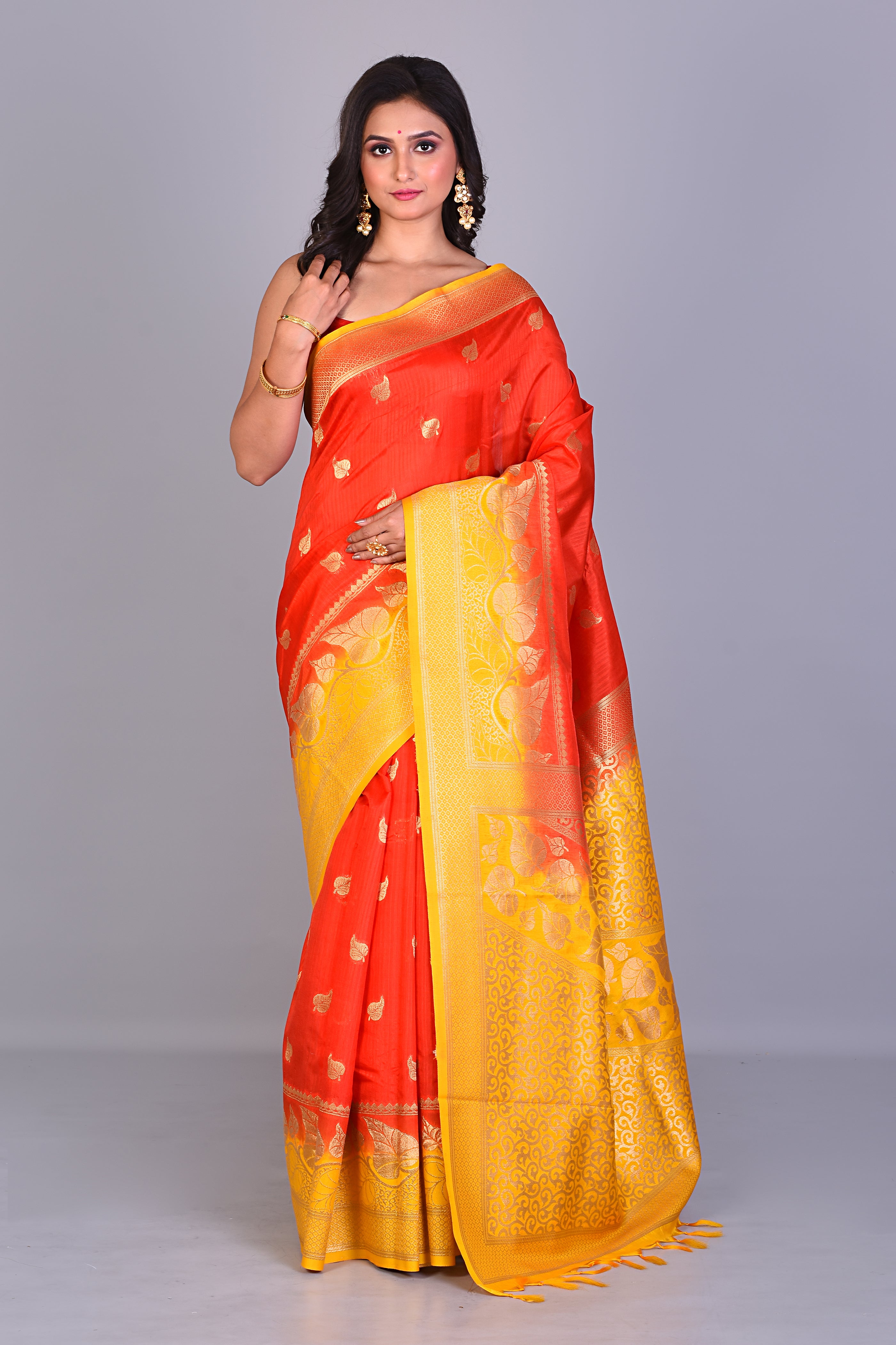 Red Single Katan Silk Saree with Yellow Borders - Keya Seth Exclusive