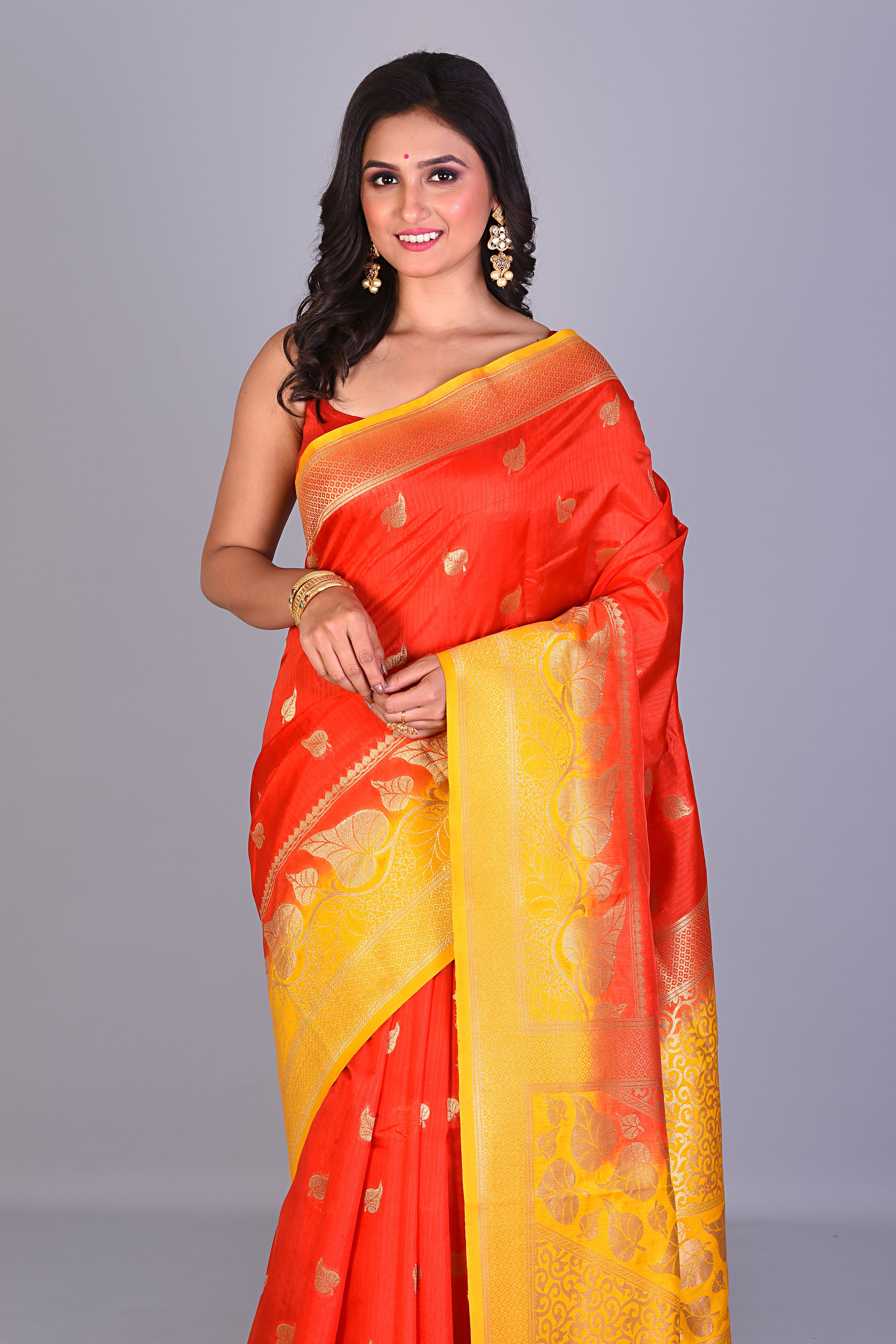 Red Single Katan Silk Saree with Yellow Borders - Keya Seth Exclusive