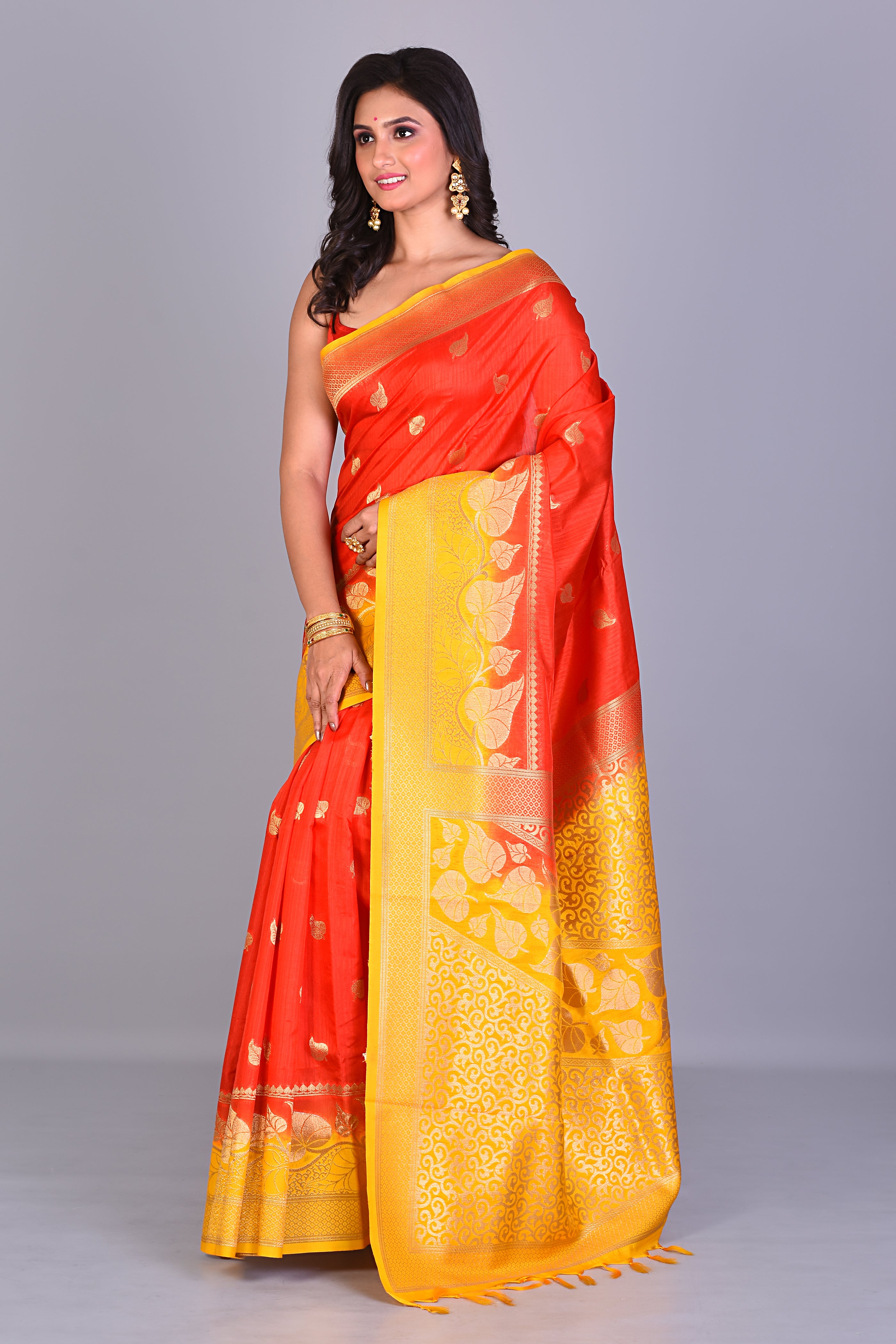 Red Single Katan Silk Saree with Yellow Borders - Keya Seth Exclusive