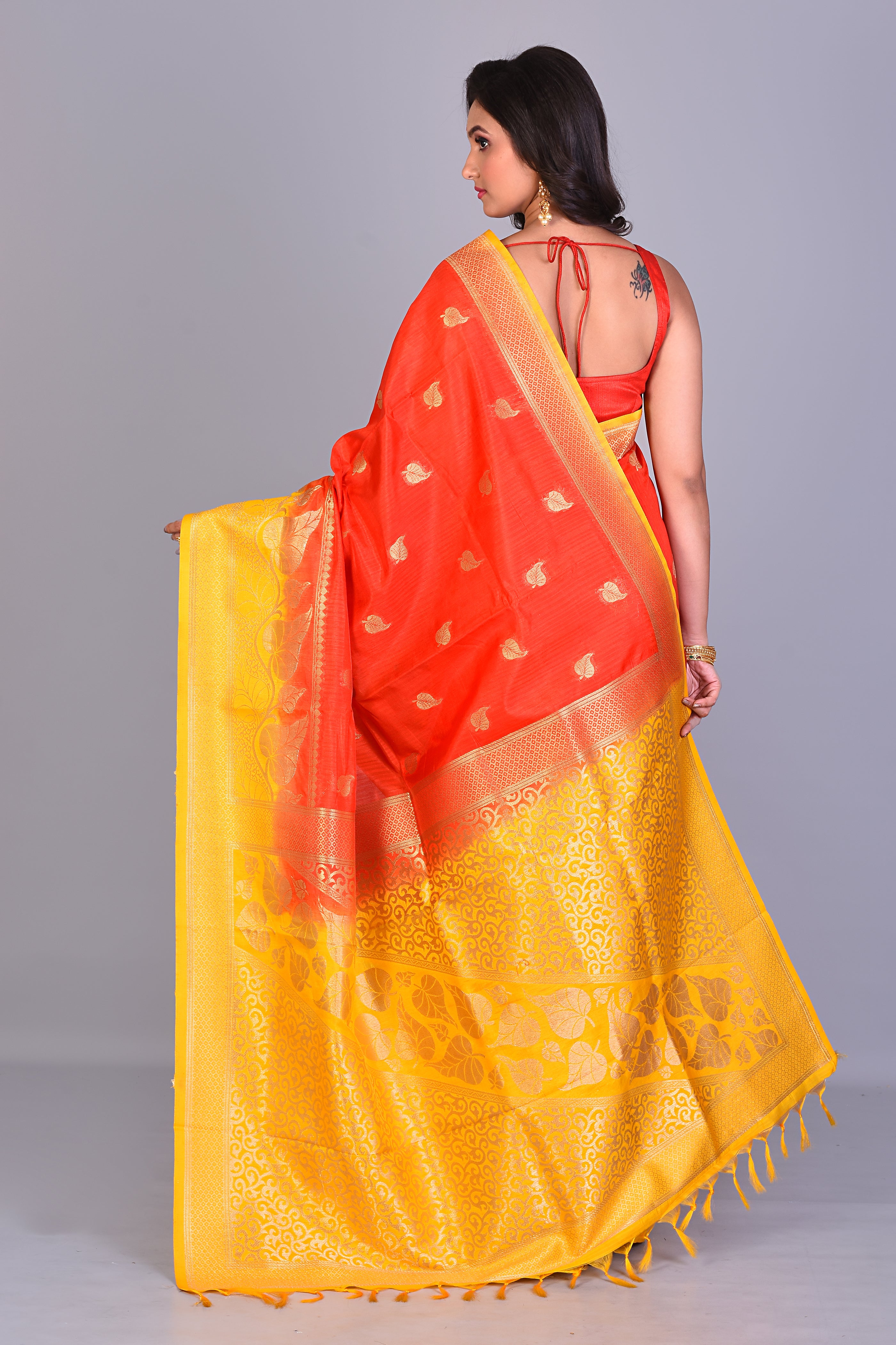 Red Single Katan Silk Saree with Yellow Borders - Keya Seth Exclusive