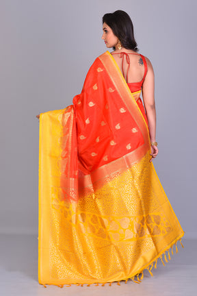 Red Single Katan Silk Saree with Yellow Borders - Keya Seth Exclusive