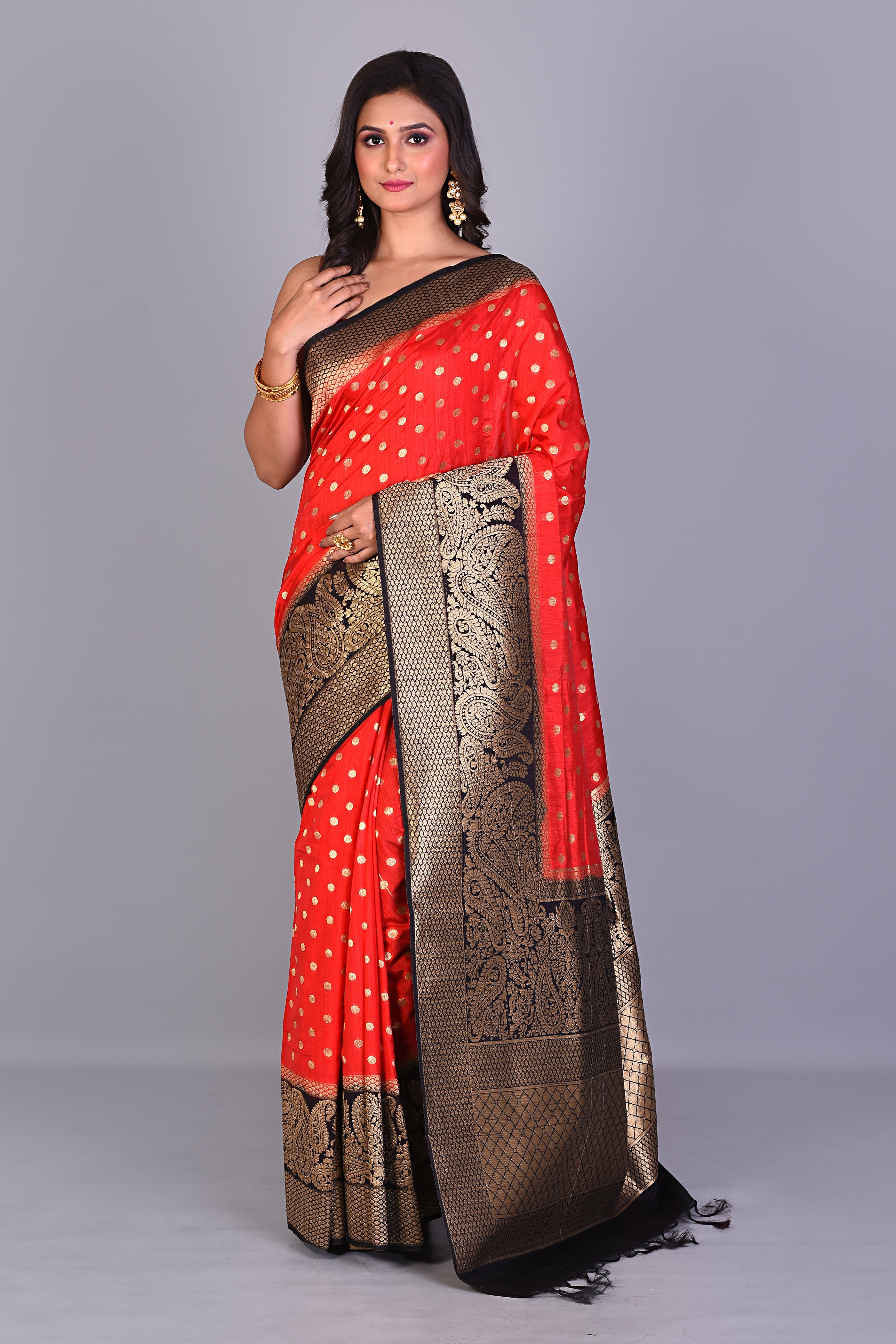 Red Dola Silk Saree with Black Borders - Keya Seth Exclusive