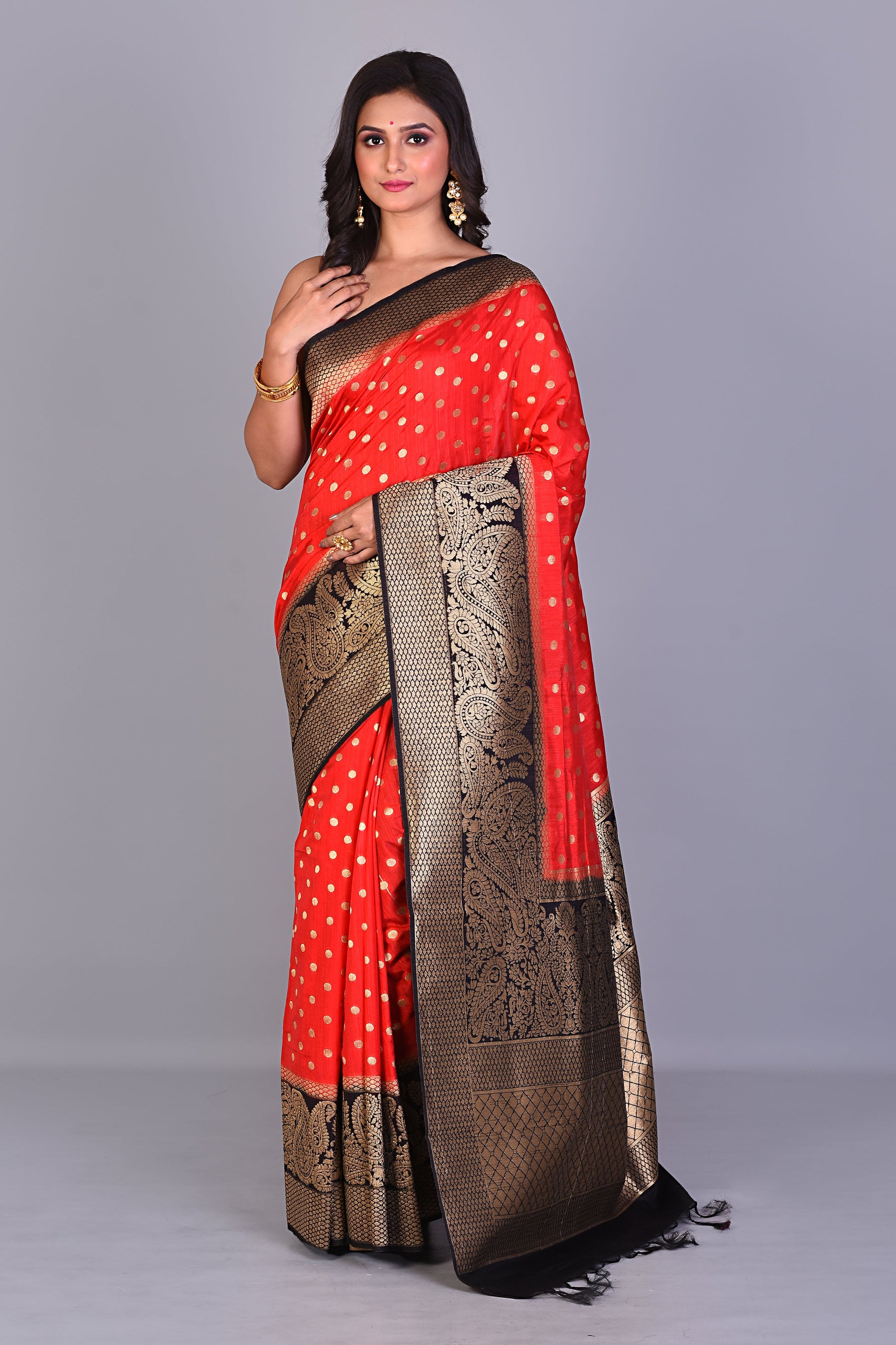 Red Dola Silk Saree with Black Borders - Keya Seth Exclusive