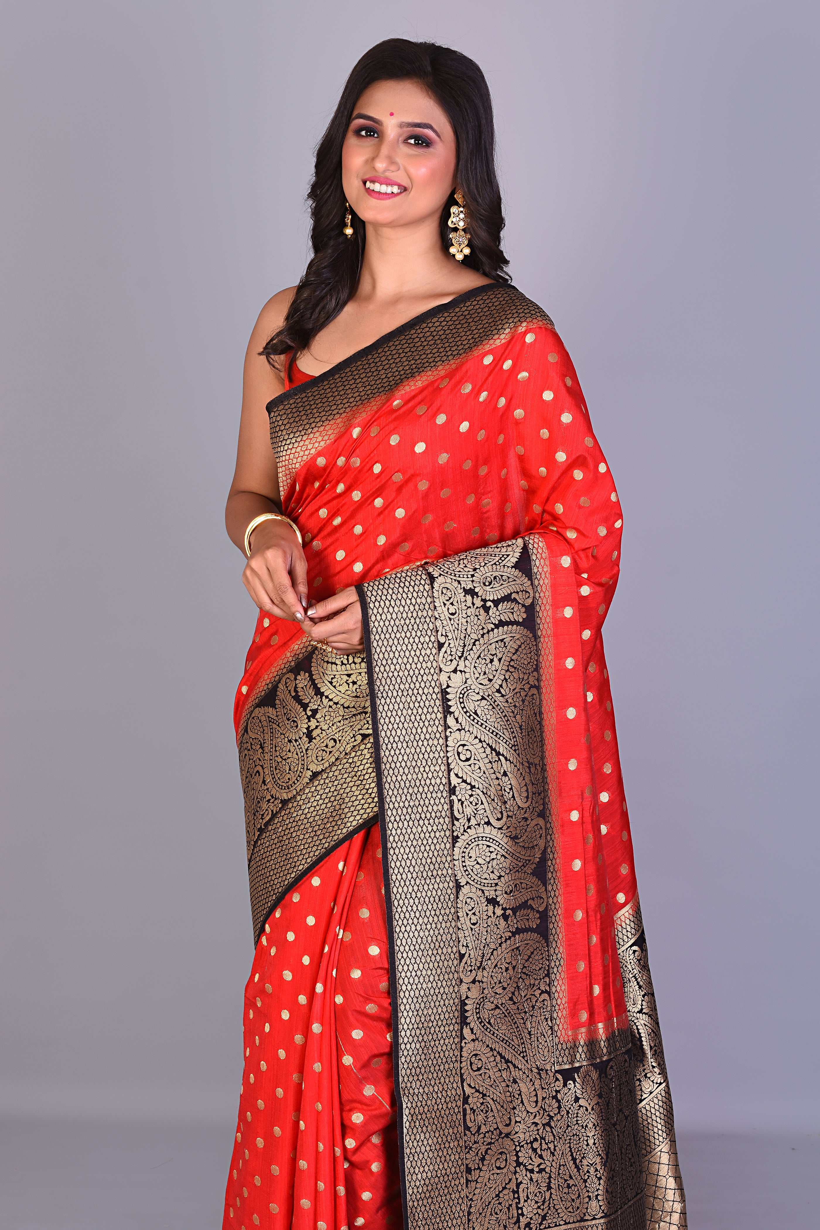 Red Dola Silk Saree with Black Borders - Keya Seth Exclusive