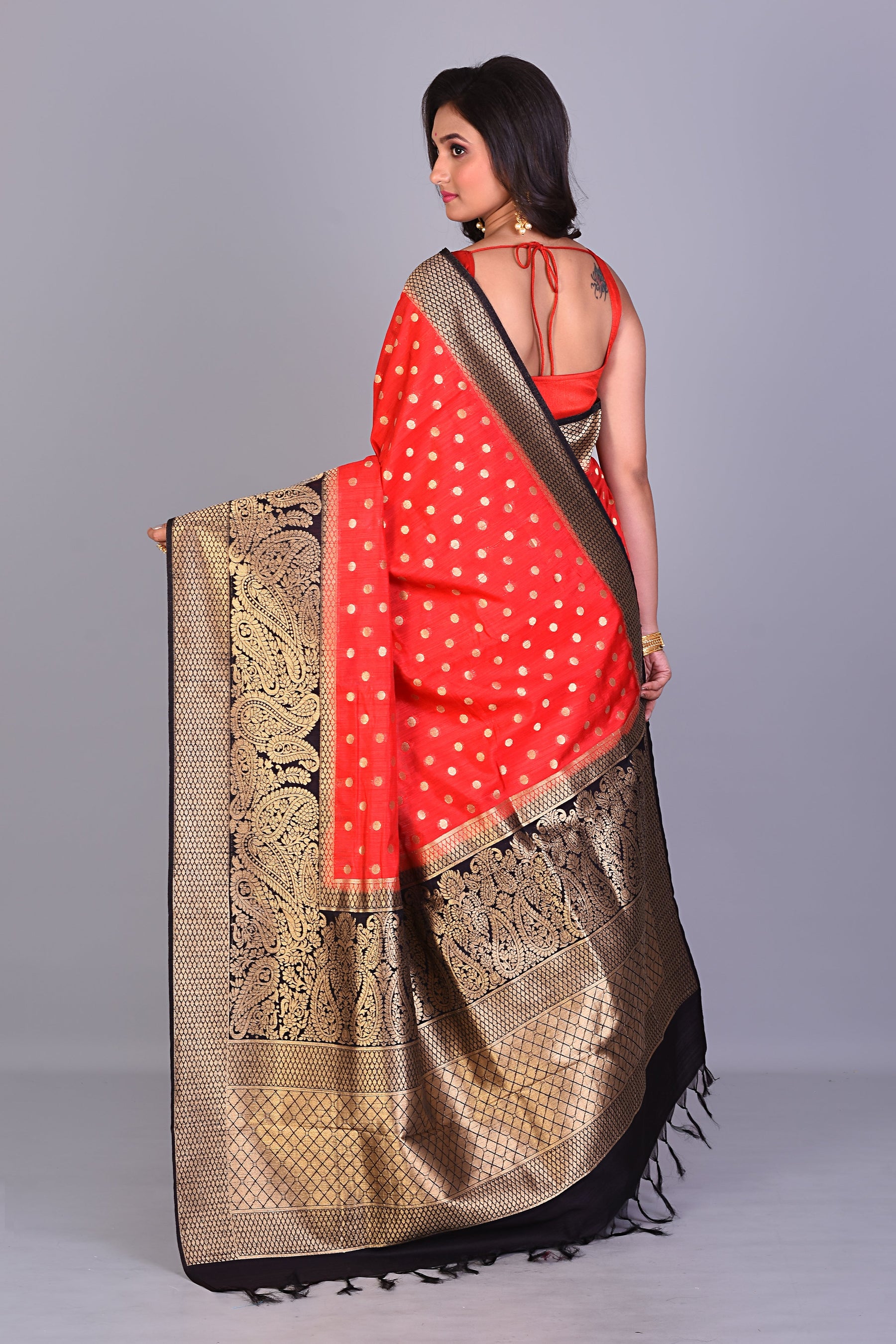 Red Dola Silk Saree with Black Borders - Keya Seth Exclusive