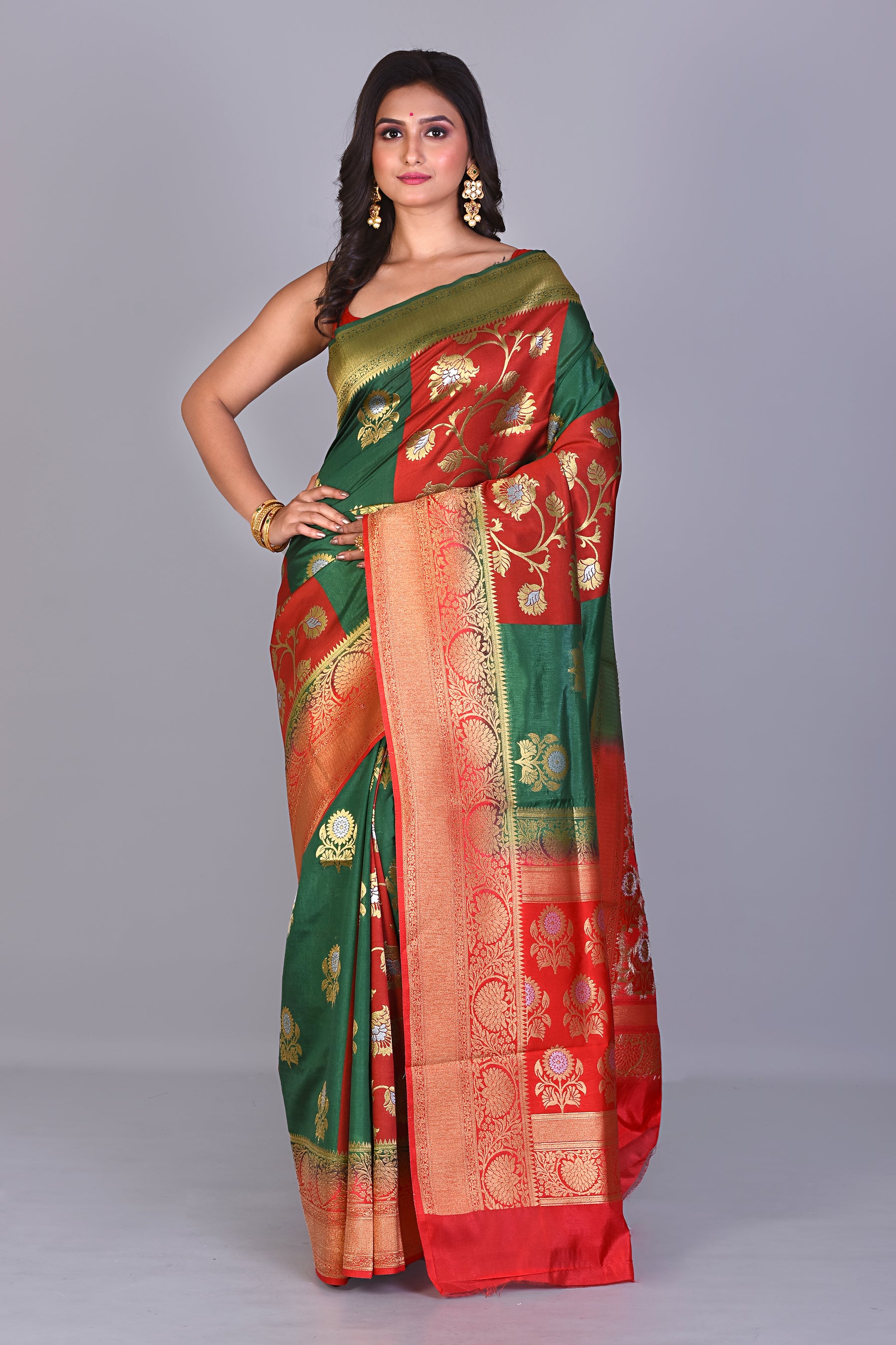 Green & Red Patli Pallu Single Katan Silk Saree with Brocade Borders - Keya Seth Exclusive