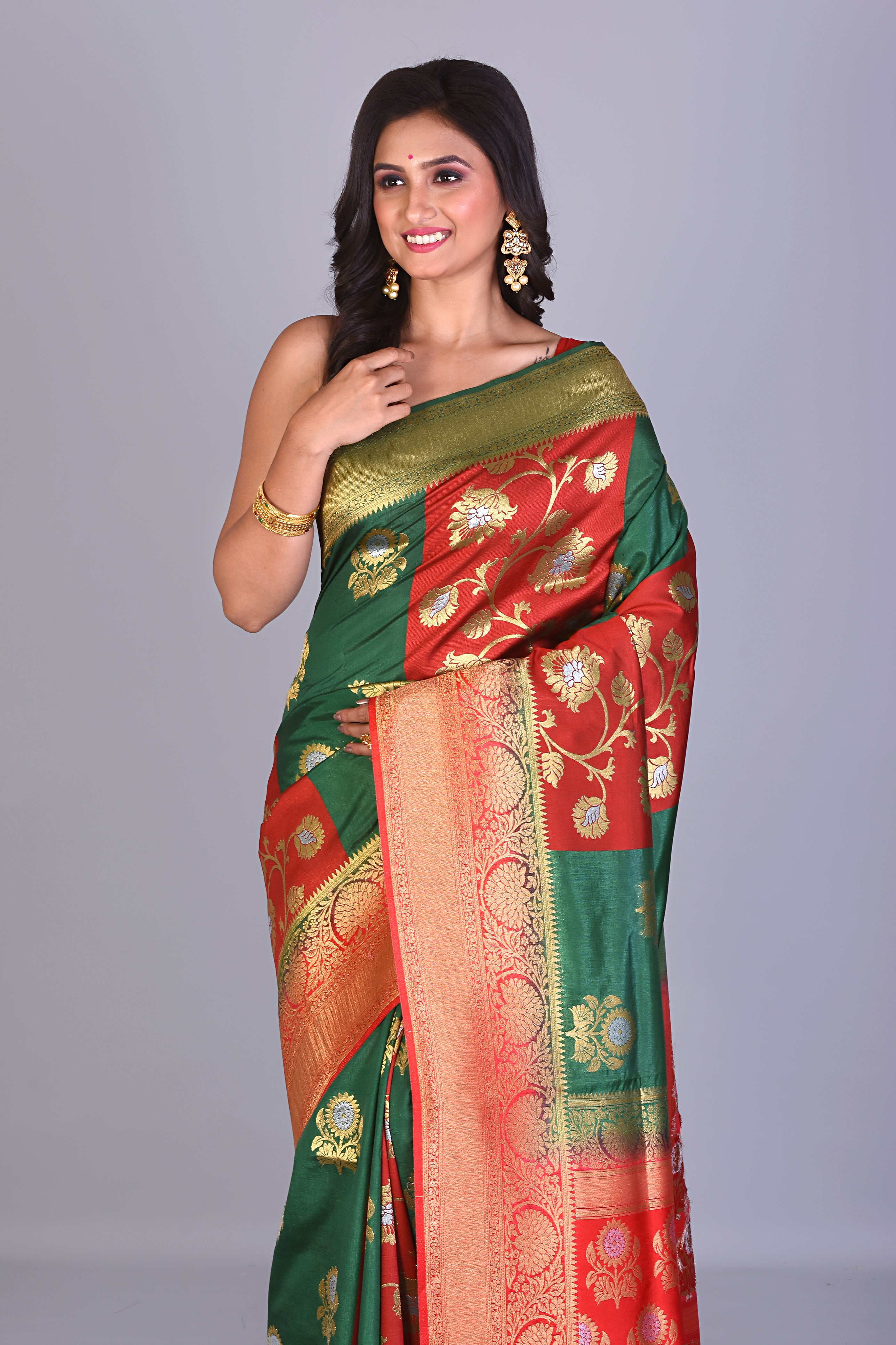 Green & Red Patli Pallu Single Katan Silk Saree with Brocade Borders - Keya Seth Exclusive