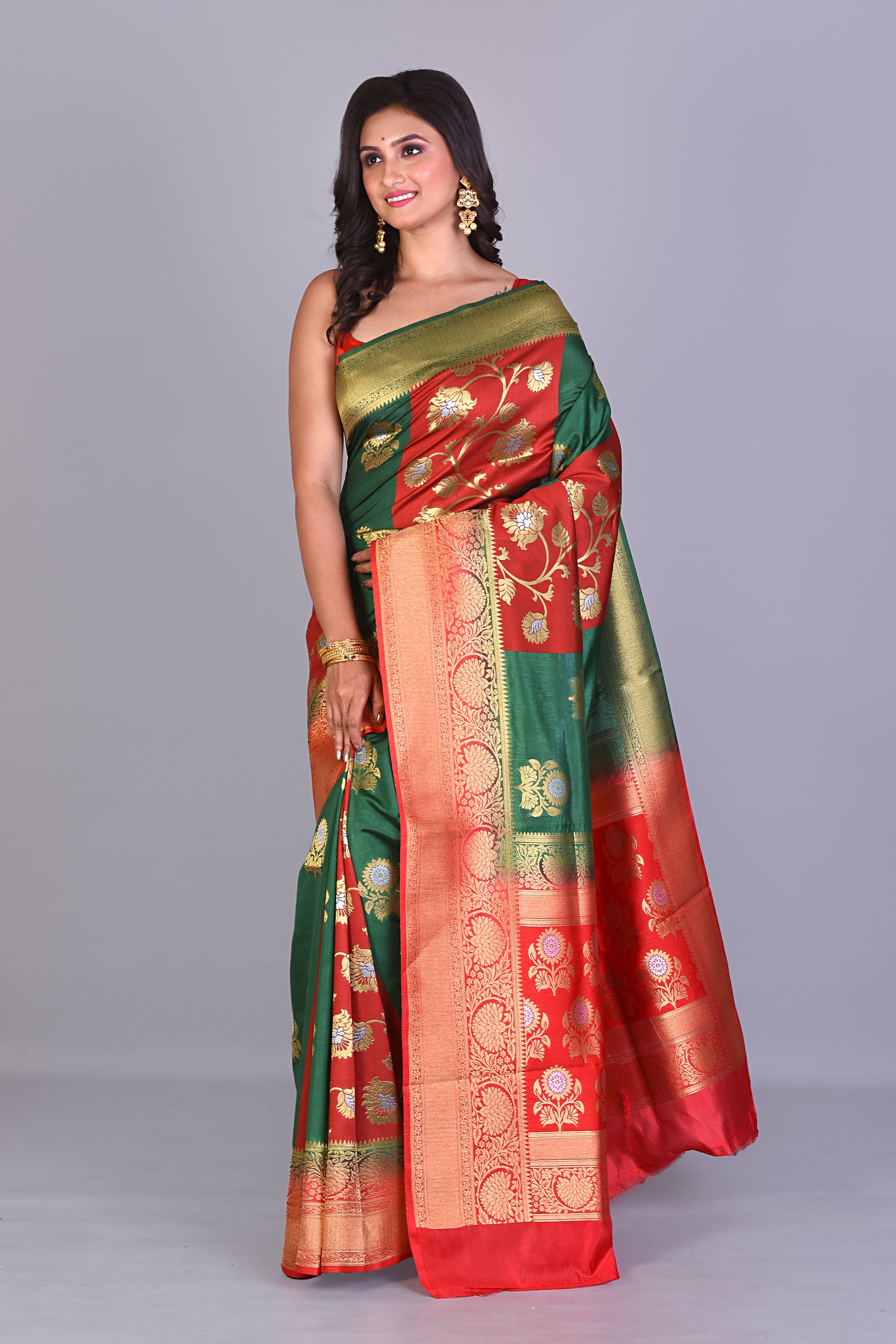 Green & Red Patli Pallu Single Katan Silk Saree with Brocade Borders - Keya Seth Exclusive