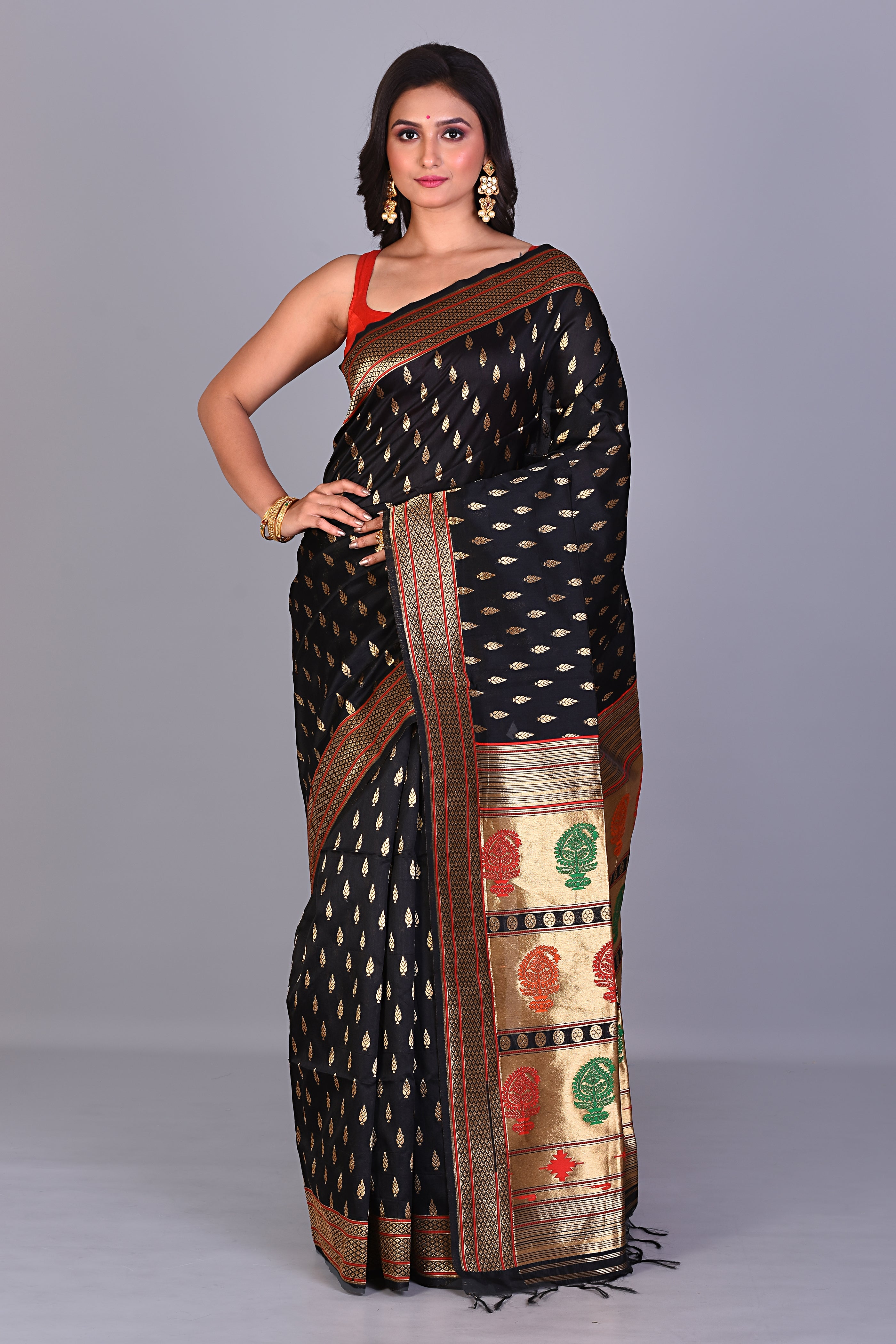 Black Single Katan Silk Saree with Golden Borders - Keya Seth Exclusive