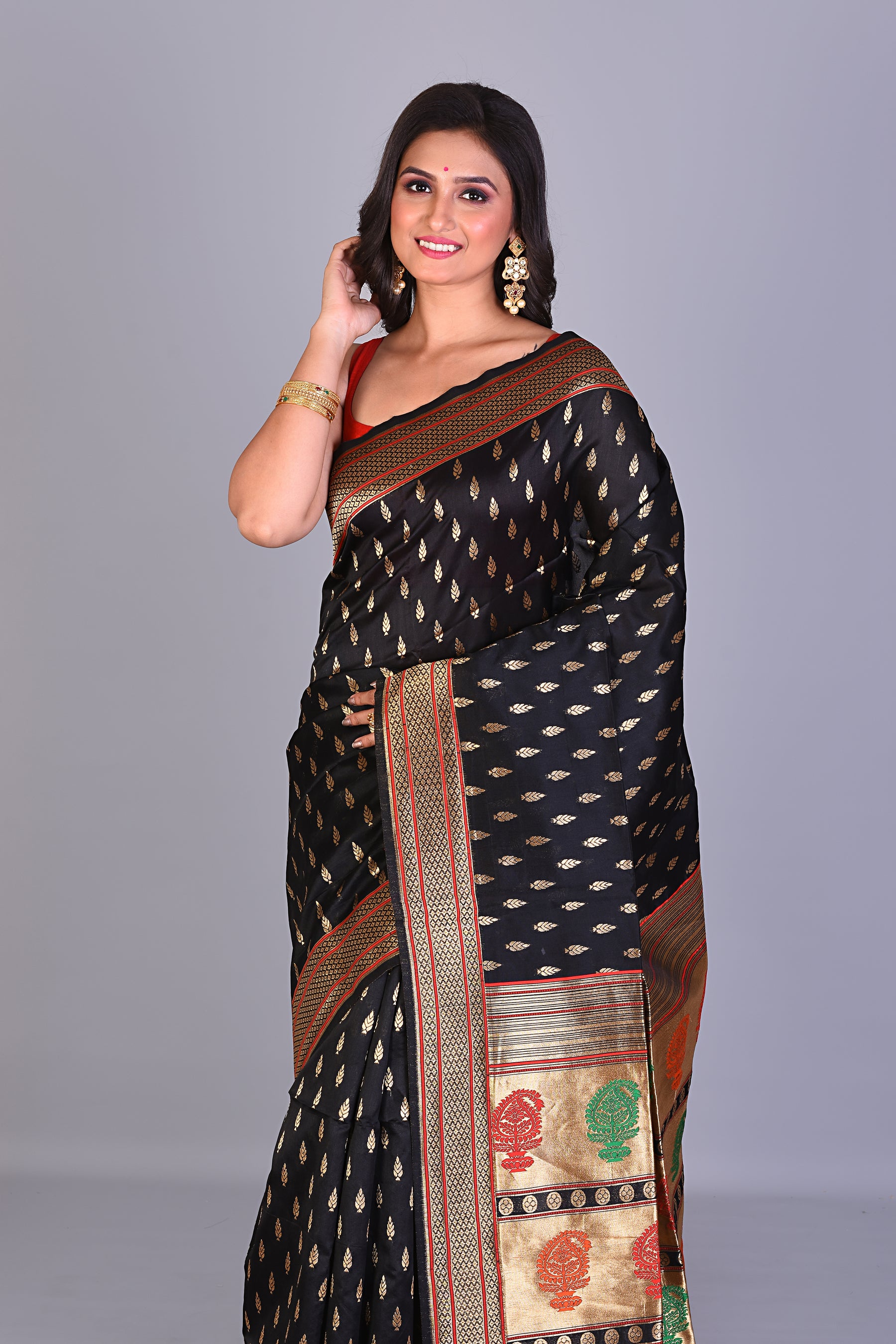 Black Single Katan Silk Saree with Golden Borders - Keya Seth Exclusive