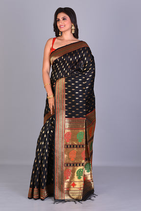 Black Single Katan Silk Saree with Golden Borders - Keya Seth Exclusive