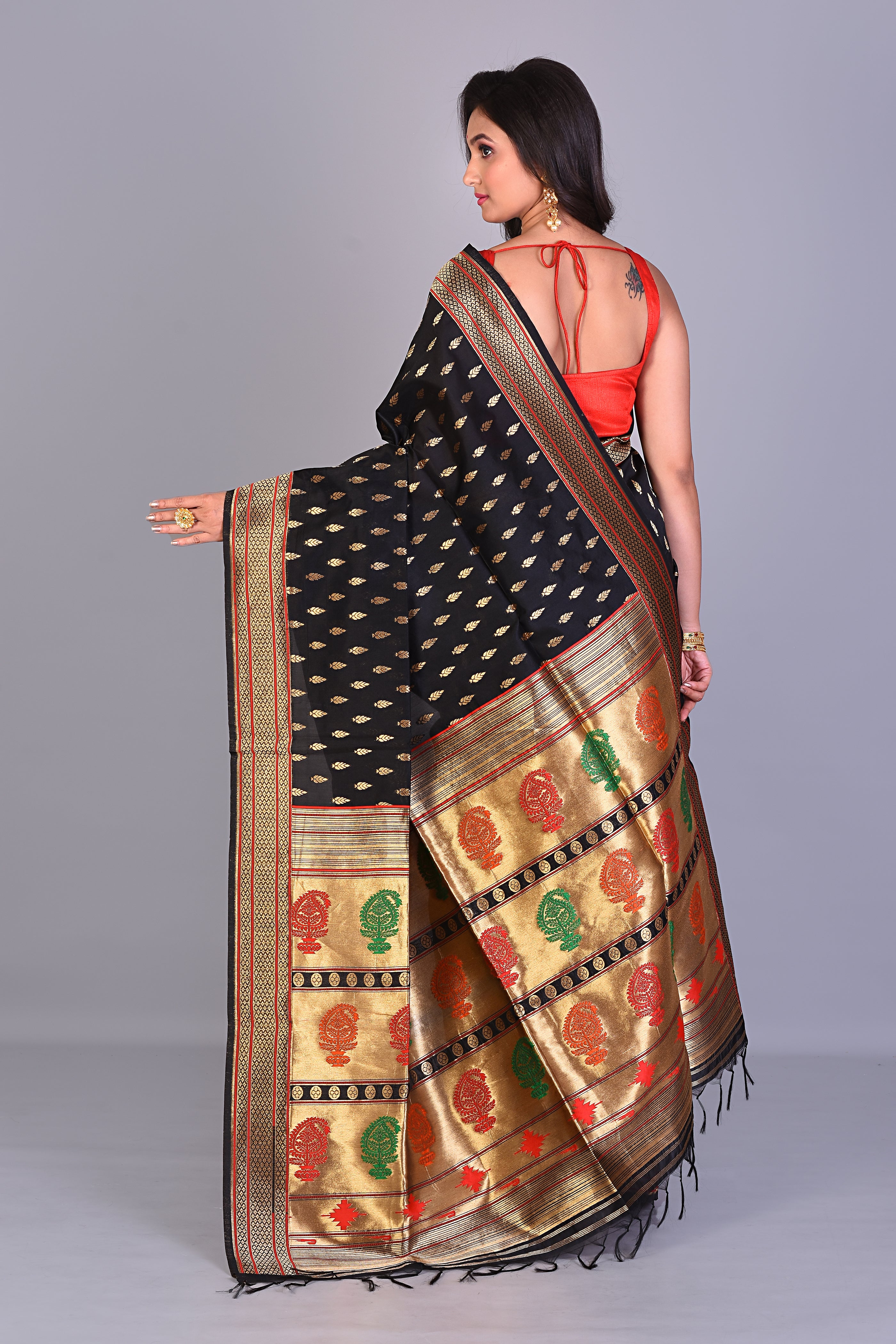 Black Single Katan Silk Saree with Golden Borders - Keya Seth Exclusive