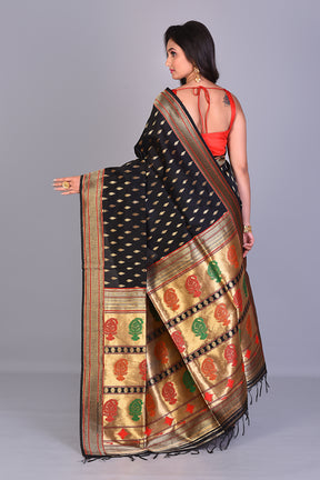 Black Single Katan Silk Saree with Golden Borders - Keya Seth Exclusive