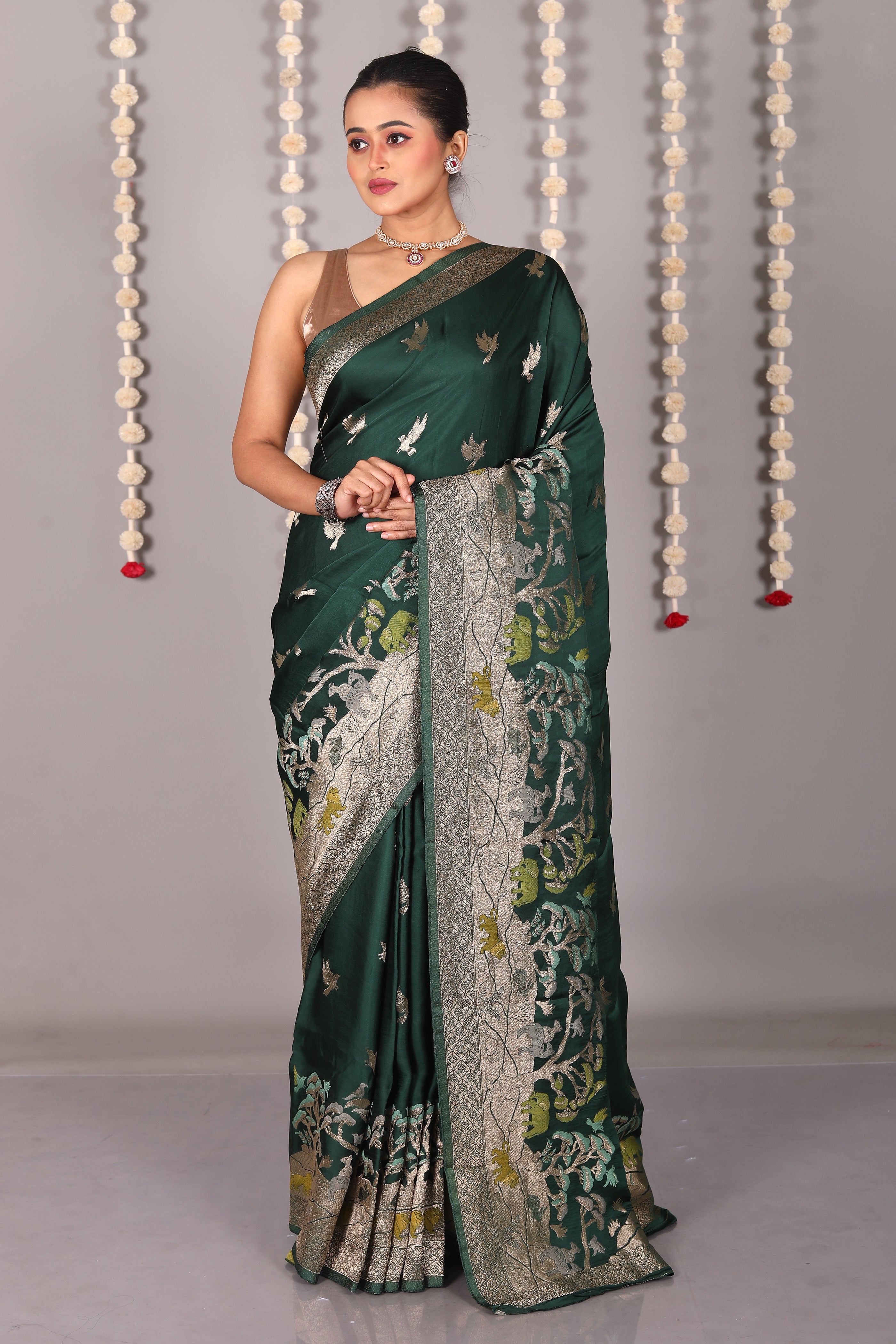 Bottle Green Blended Satin Silk Saree - Keya Seth Exclusive
