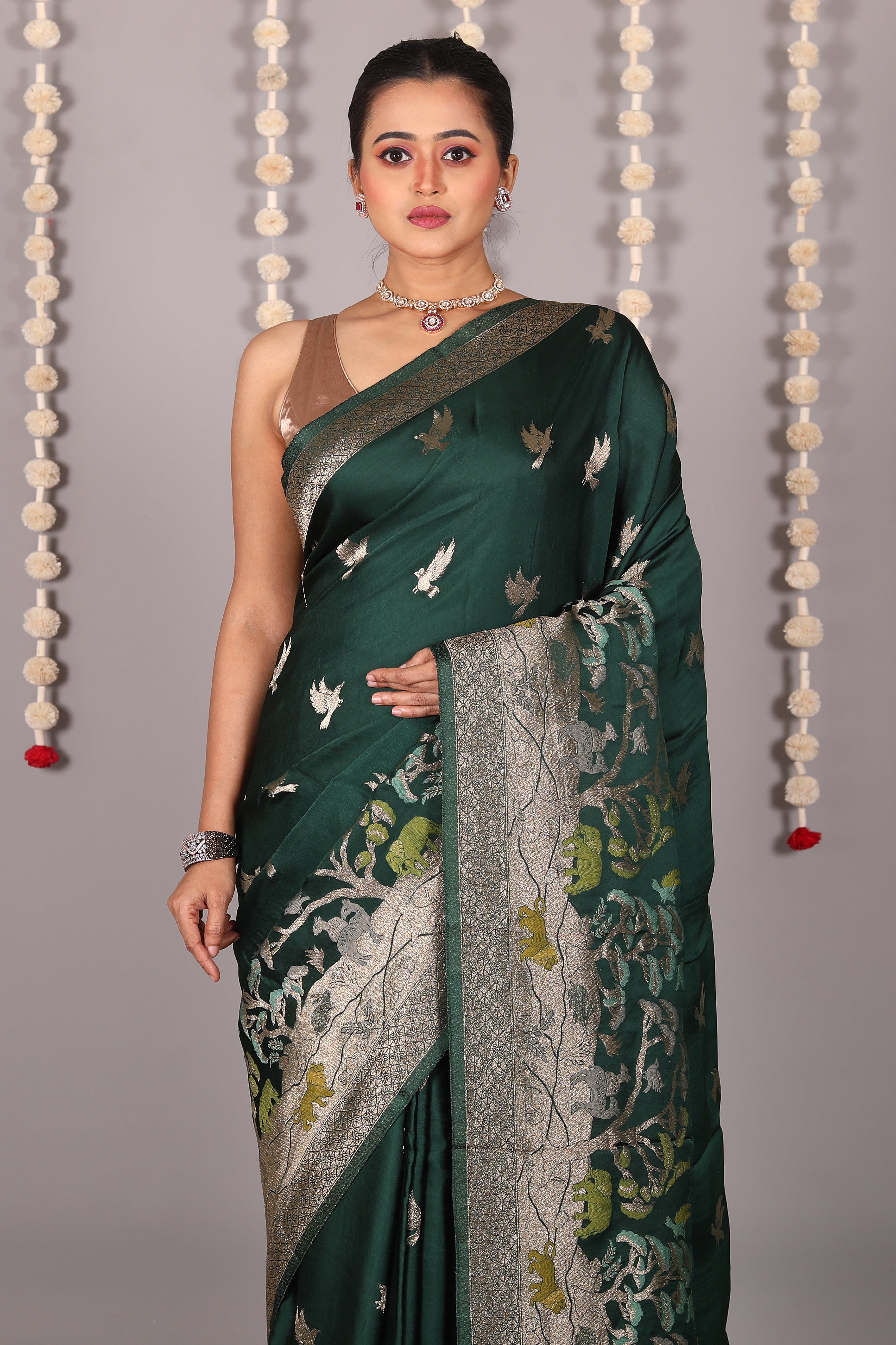 Bottle Green Blended Satin Silk Saree - Keya Seth Exclusive