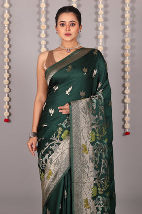 Bottle Green Blended Satin Silk Saree - Keya Seth Exclusive