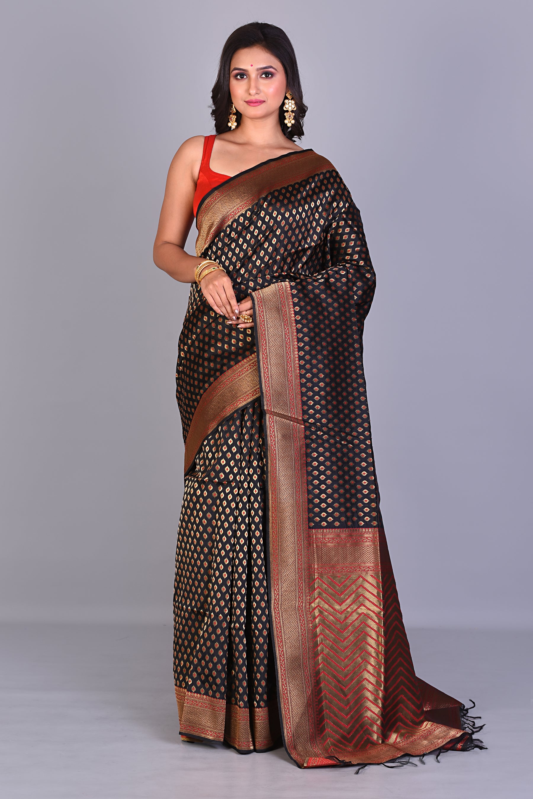 Black Single Katan Silk Saree with Golden Borders - Keya Seth Exclusive