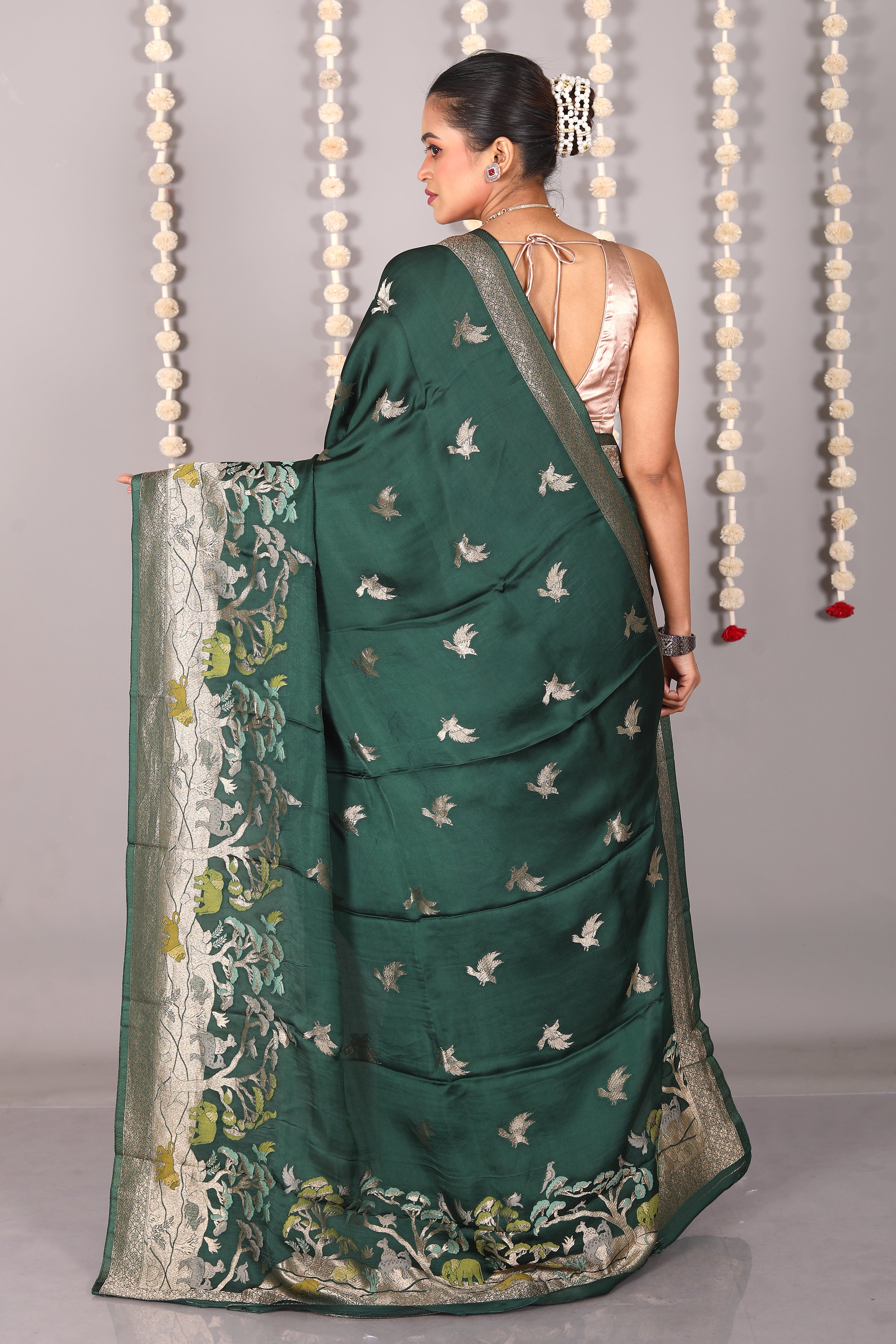 Bottle Green Blended Satin Silk Saree - Keya Seth Exclusive
