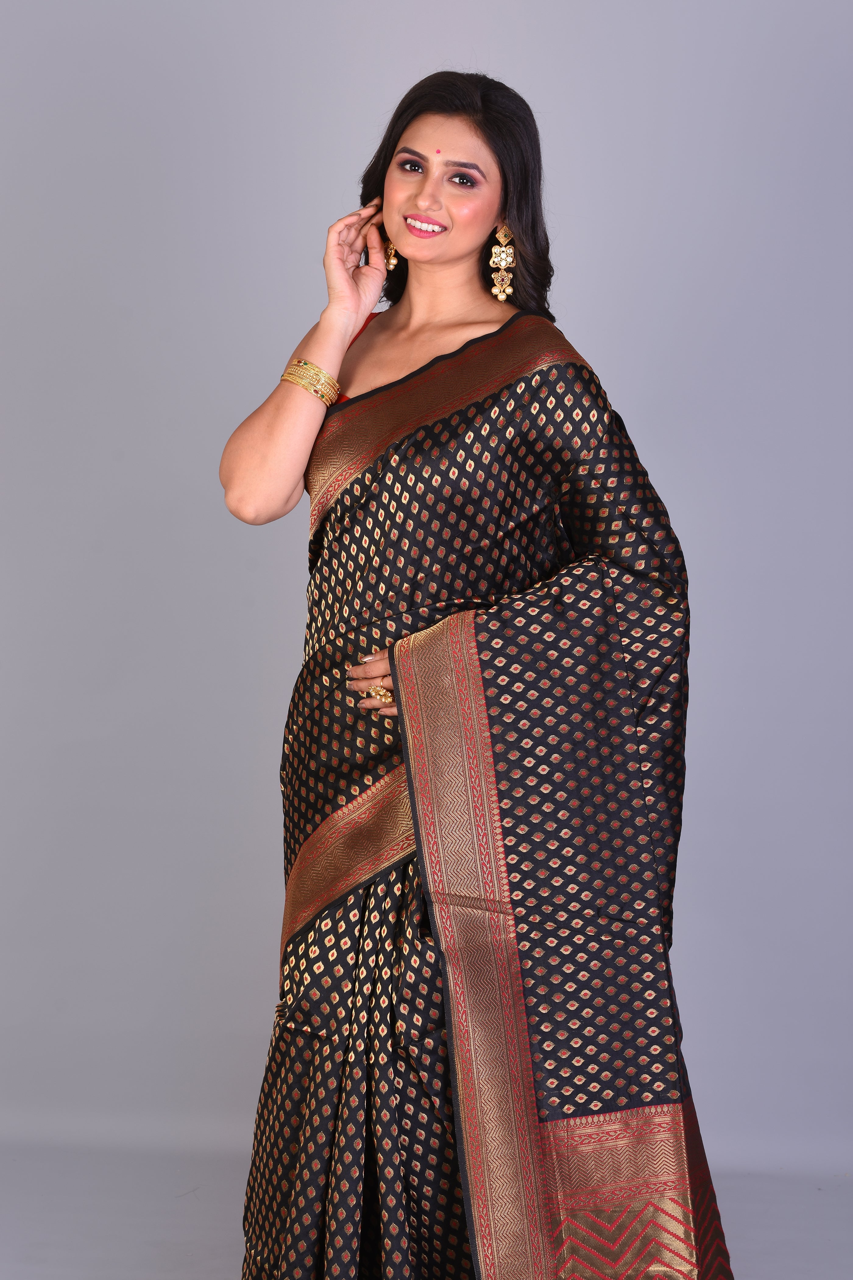 Black Single Katan Silk Saree with Golden Borders - Keya Seth Exclusive