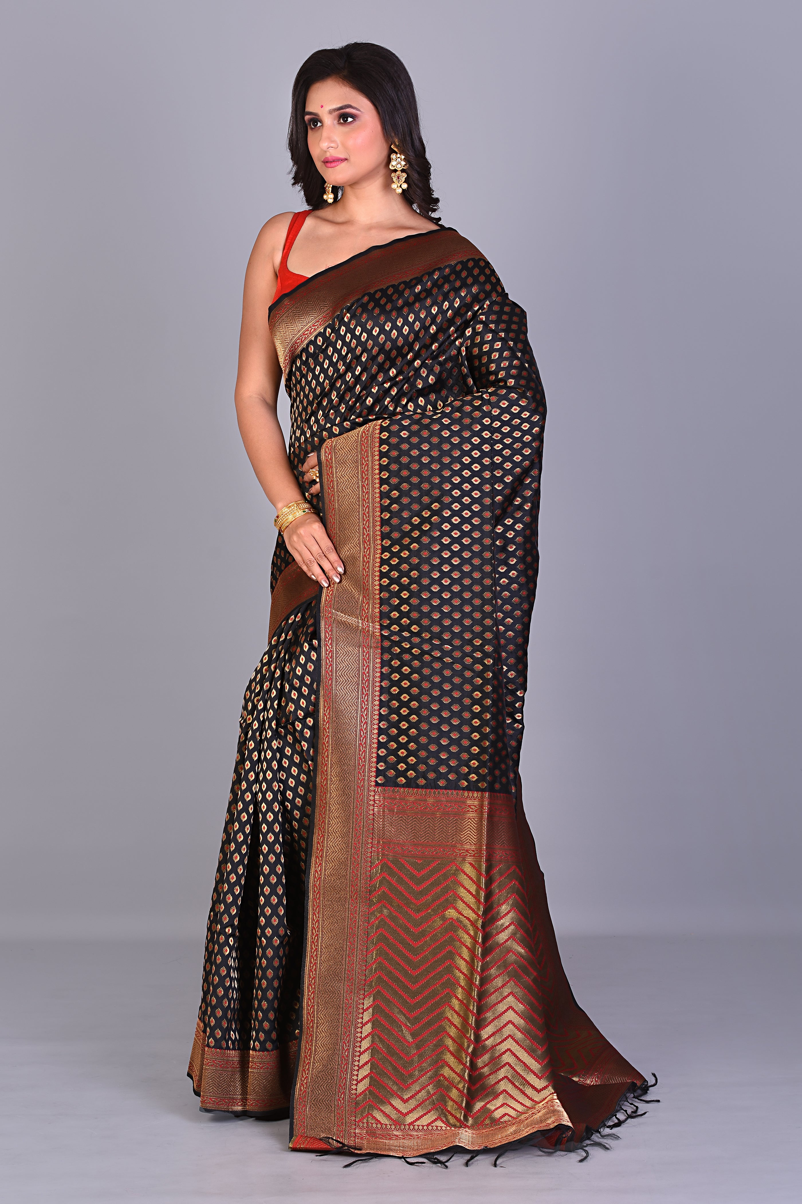 Black Single Katan Silk Saree with Golden Borders - Keya Seth Exclusive