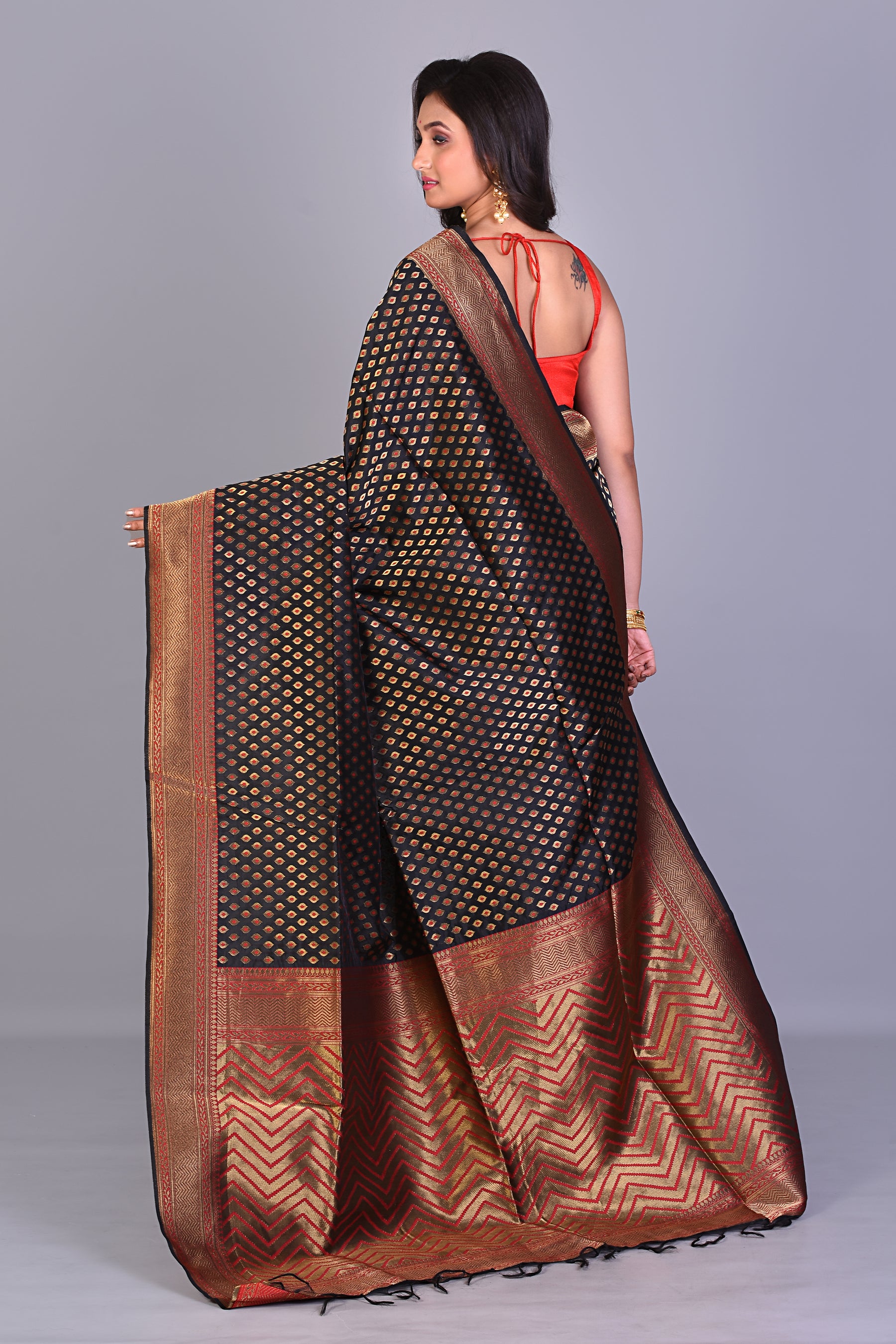 Black Single Katan Silk Saree with Golden Borders - Keya Seth Exclusive