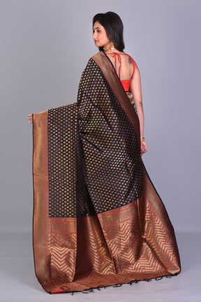 Black Single Katan Silk Saree with Golden Borders - Keya Seth Exclusive