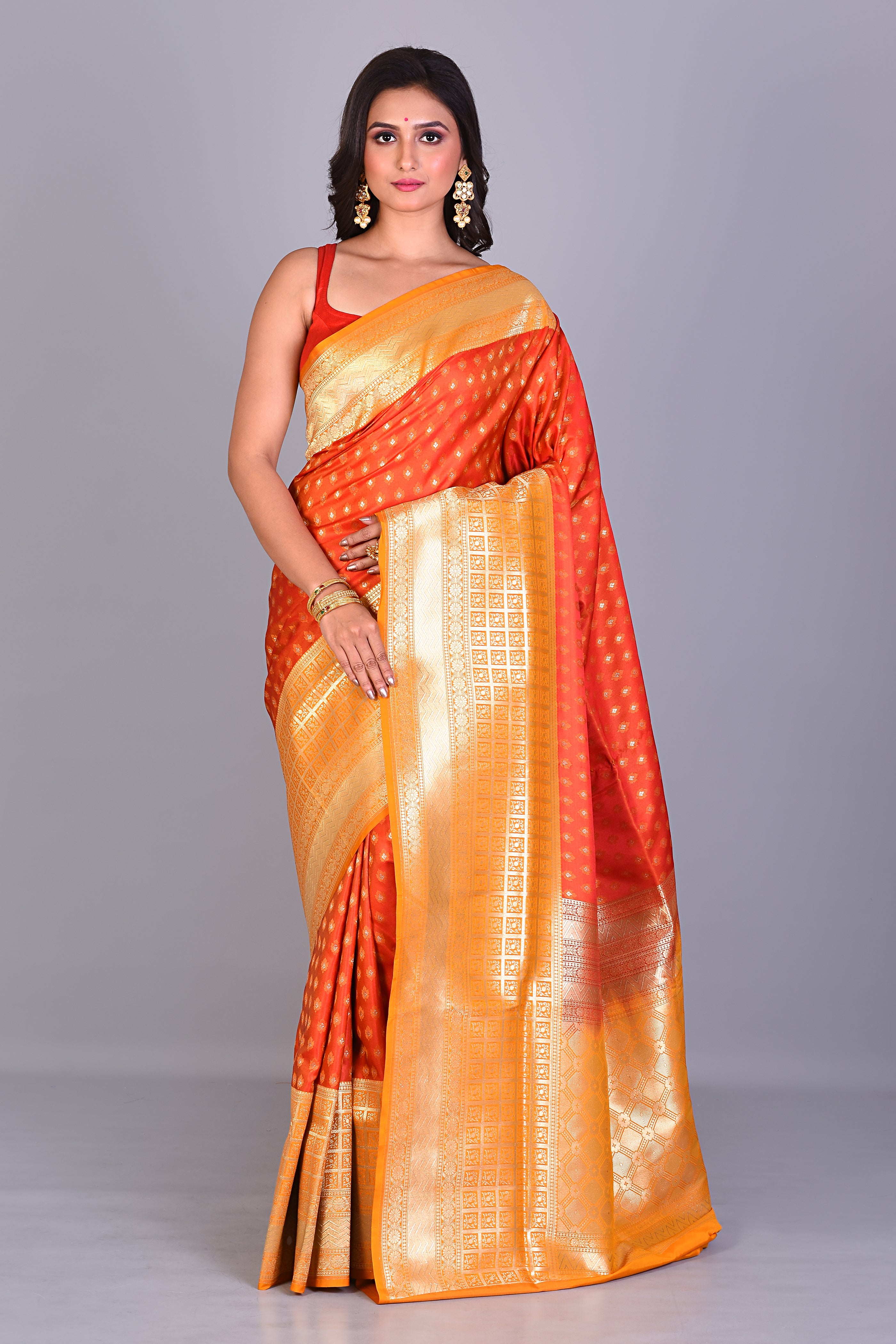 Orange Single Katan Silk Saree with Yellow Borders - Keya Seth Exclusive