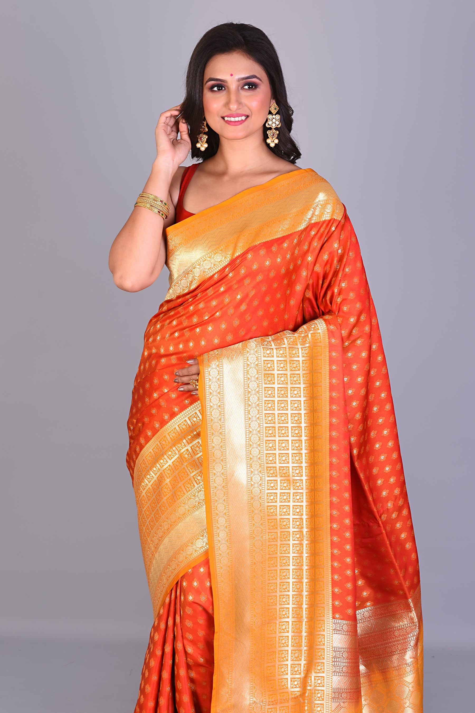 Orange Single Katan Silk Saree with Yellow Borders - Keya Seth Exclusive