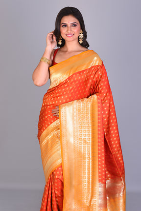 Orange Single Katan Silk Saree with Yellow Borders - Keya Seth Exclusive