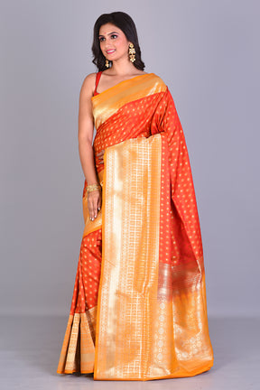 Orange Single Katan Silk Saree with Yellow Borders - Keya Seth Exclusive