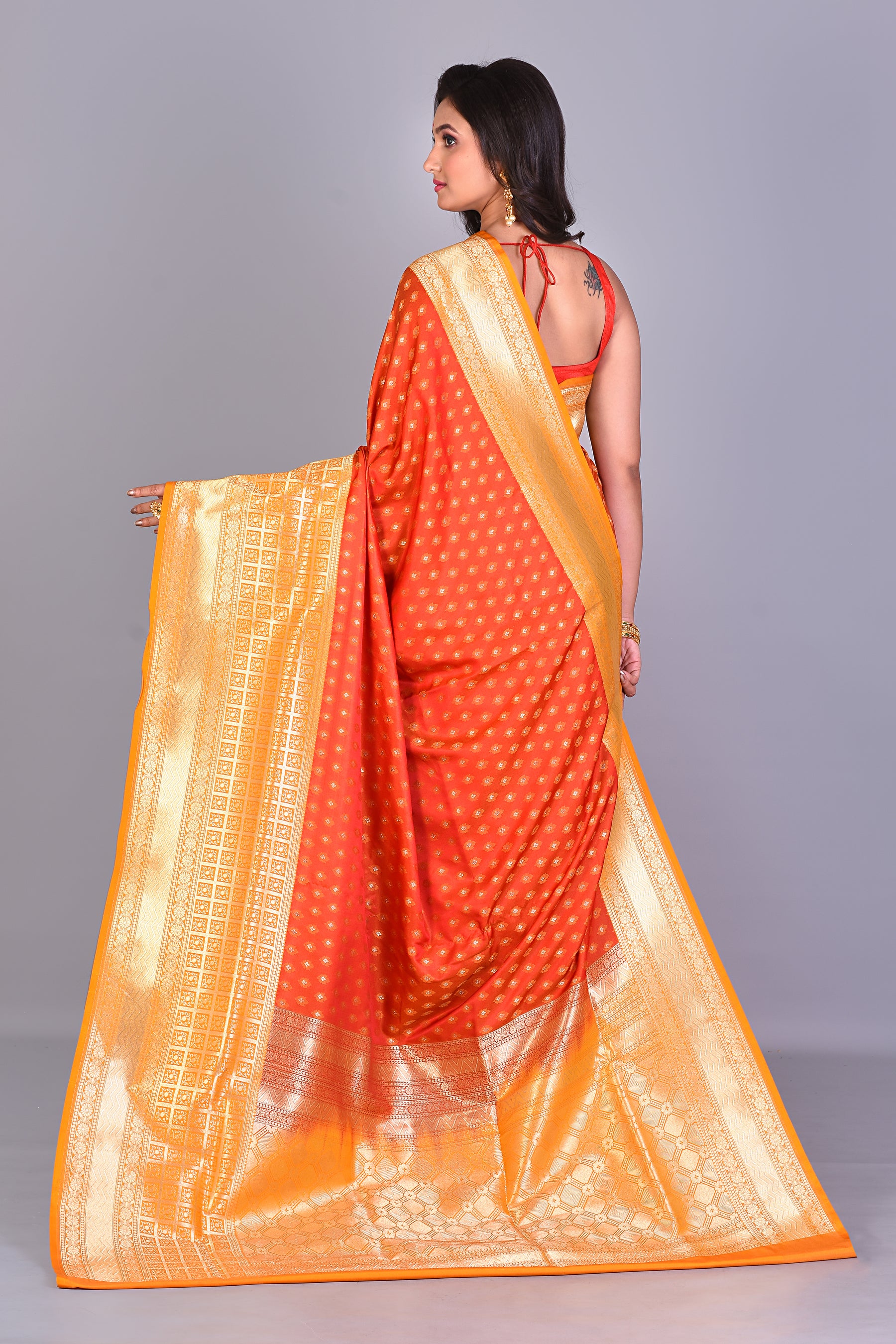 Orange Single Katan Silk Saree with Yellow Borders - Keya Seth Exclusive