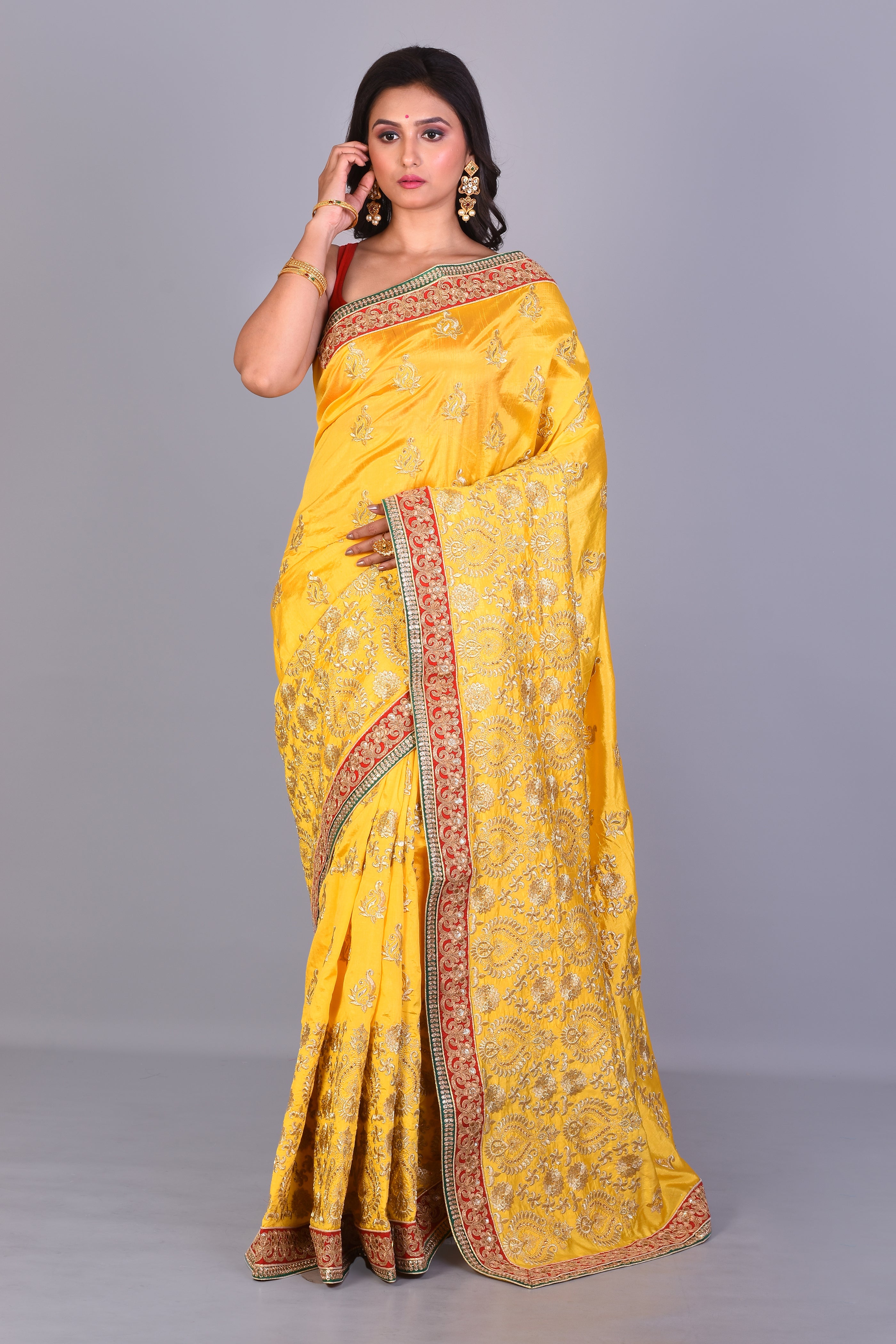 Fancy Yellow Silk Saree with Threadwork - Keya Seth Exclusive