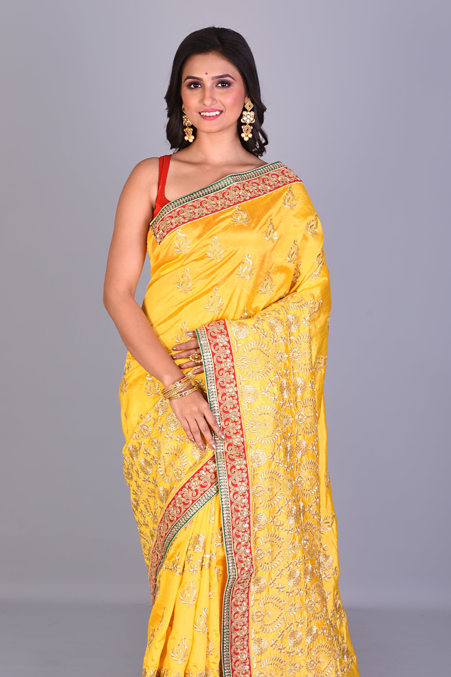 Fancy Yellow Silk Saree with Threadwork - Keya Seth Exclusive