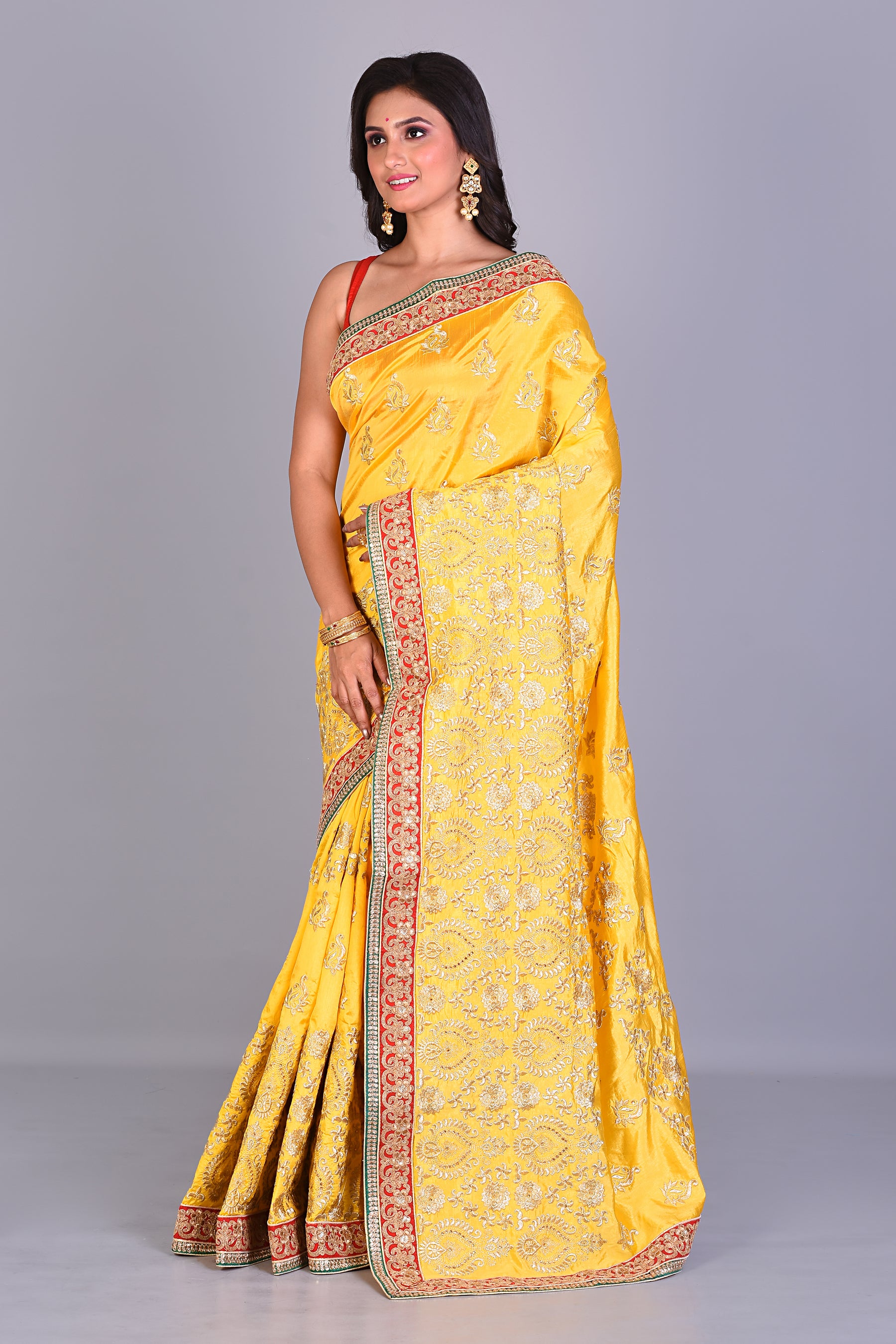 Fancy Yellow Silk Saree with Threadwork - Keya Seth Exclusive