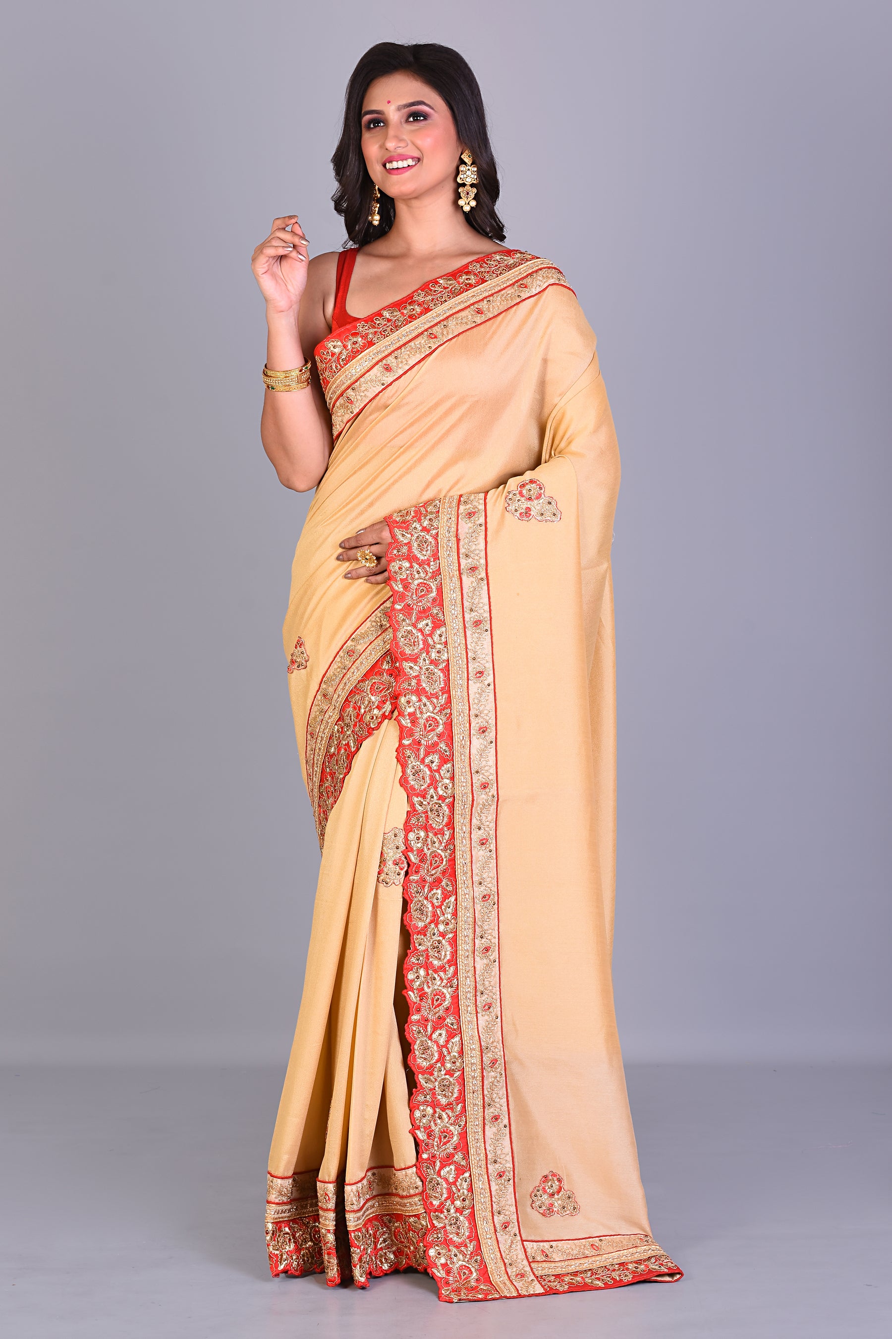 Fancy Beige Silk Saree with Threadwork - Keya Seth Exclusive