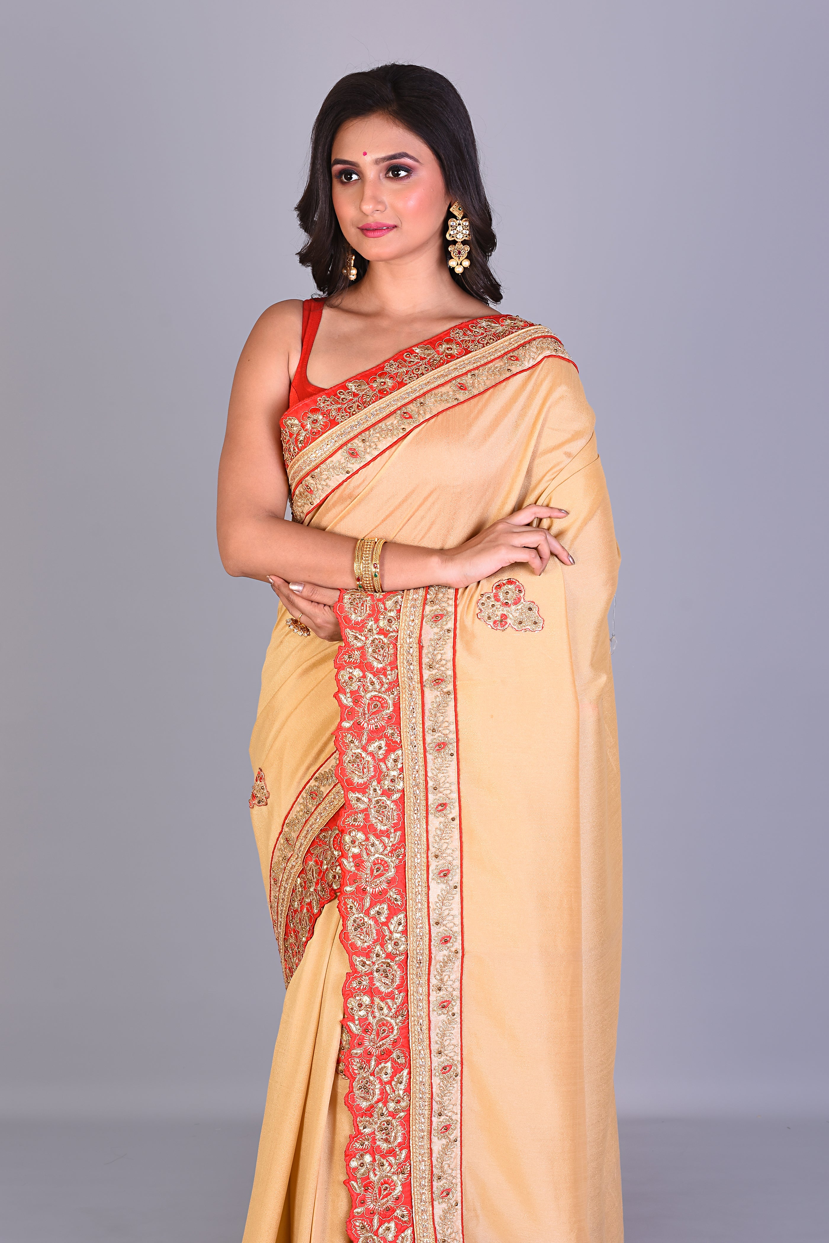 Fancy Beige Silk Saree with Threadwork - Keya Seth Exclusive