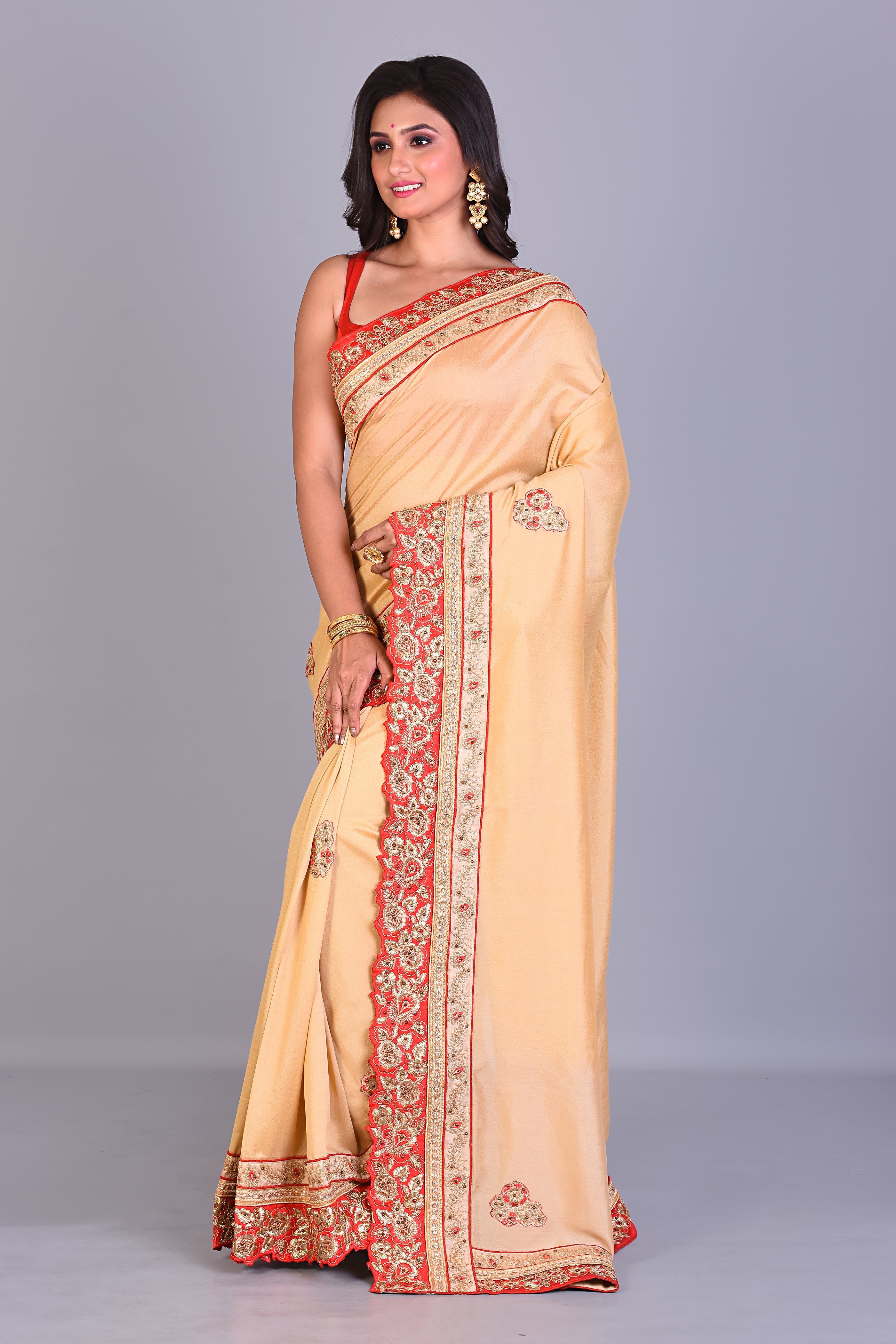 Fancy Beige Silk Saree with Threadwork - Keya Seth Exclusive