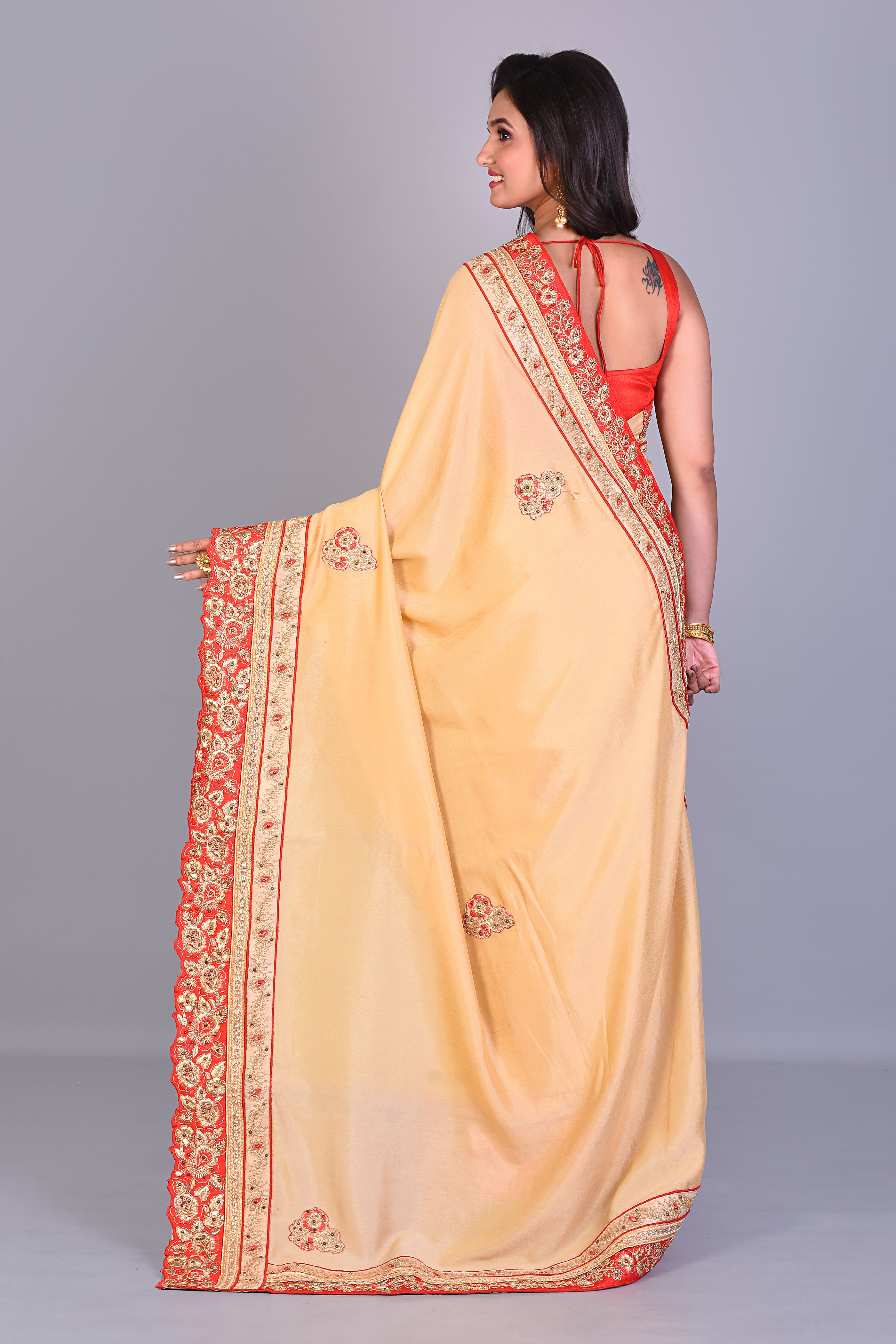 Fancy Beige Silk Saree with Threadwork - Keya Seth Exclusive