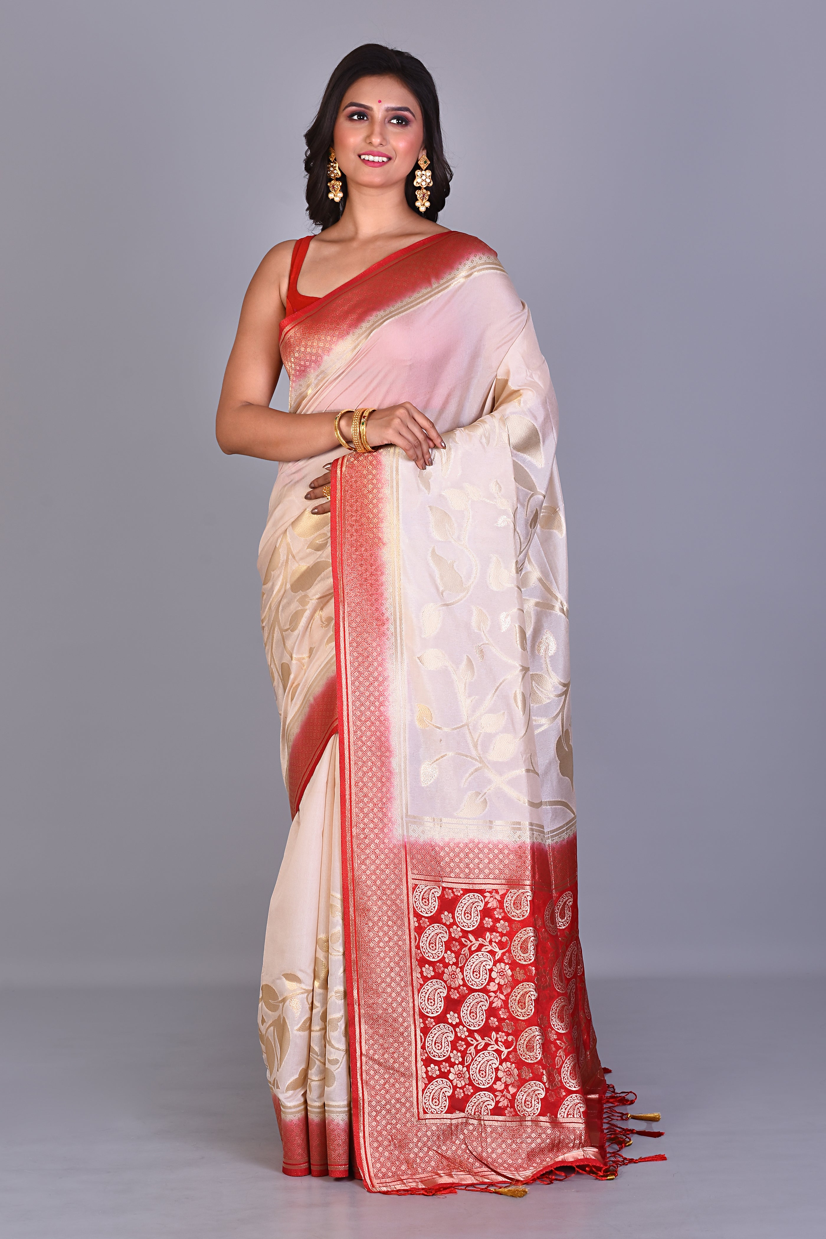 White Dola Silk Saree with Red Borders - Keya Seth Exclusive