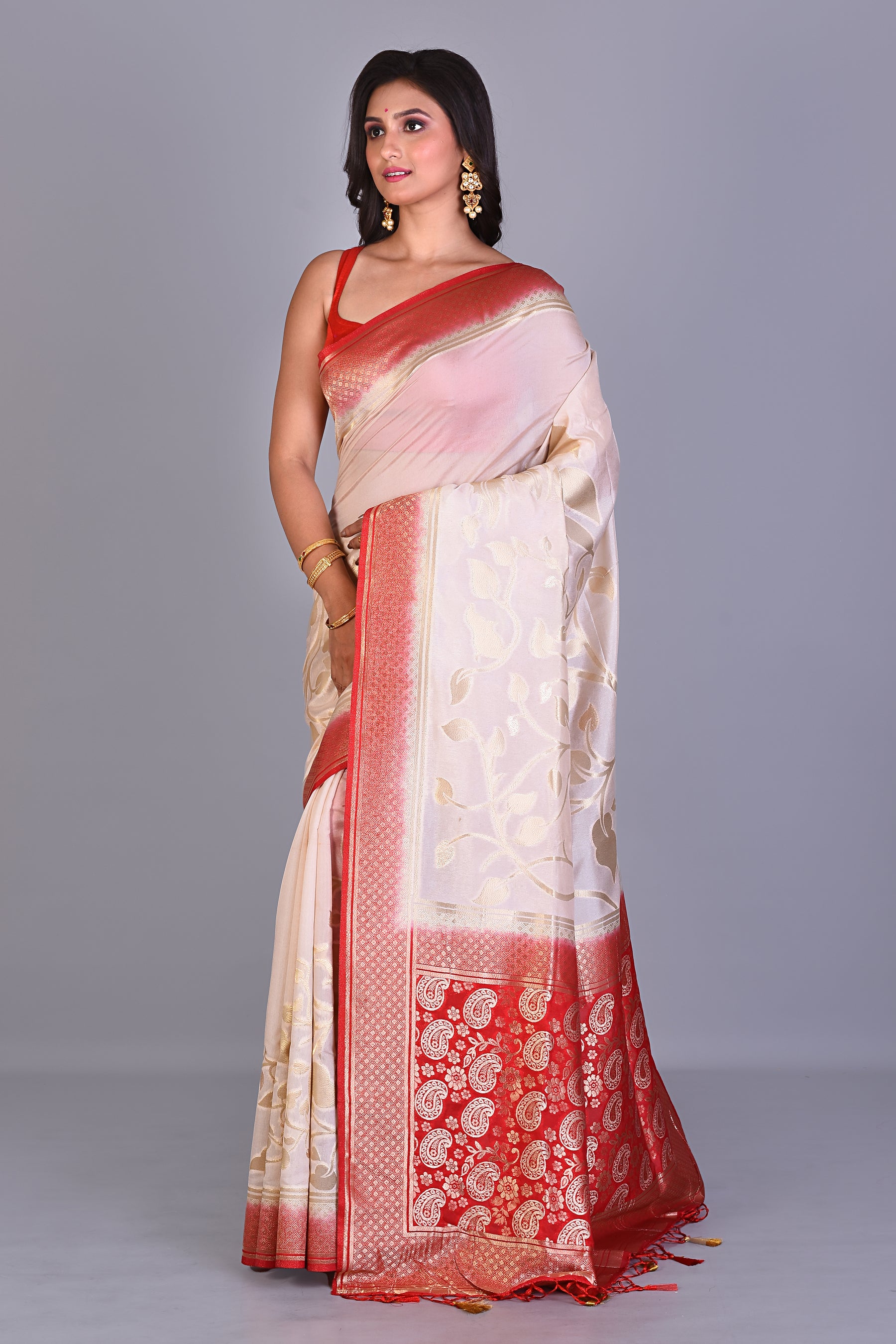 White Dola Silk Saree with Red Borders - Keya Seth Exclusive