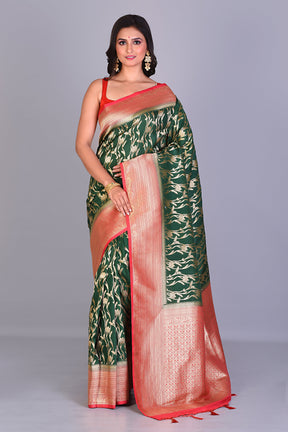 Bottle Green Dola Silk Saree with Red Borders - Keya Seth Exclusive