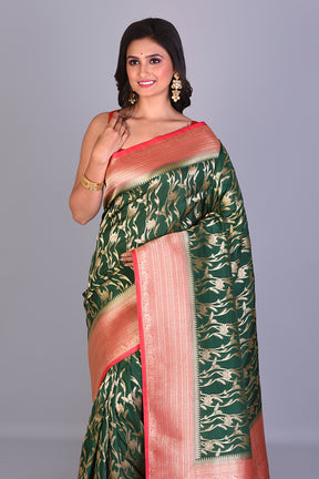 Bottle Green Dola Silk Saree with Red Borders - Keya Seth Exclusive