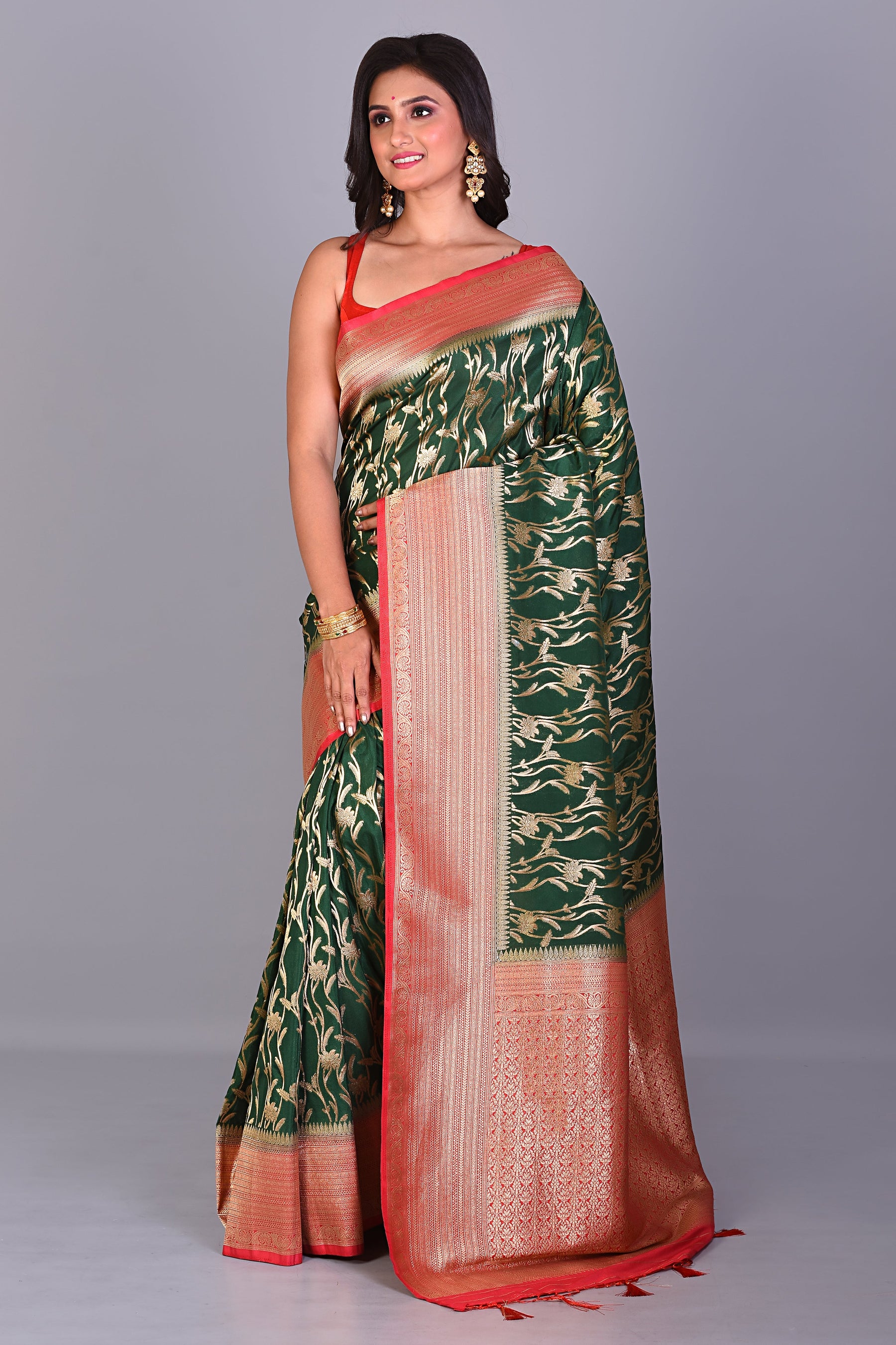 Bottle Green Dola Silk Saree with Red Borders - Keya Seth Exclusive