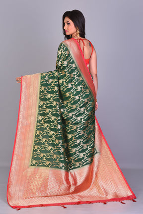 Bottle Green Dola Silk Saree with Red Borders - Keya Seth Exclusive