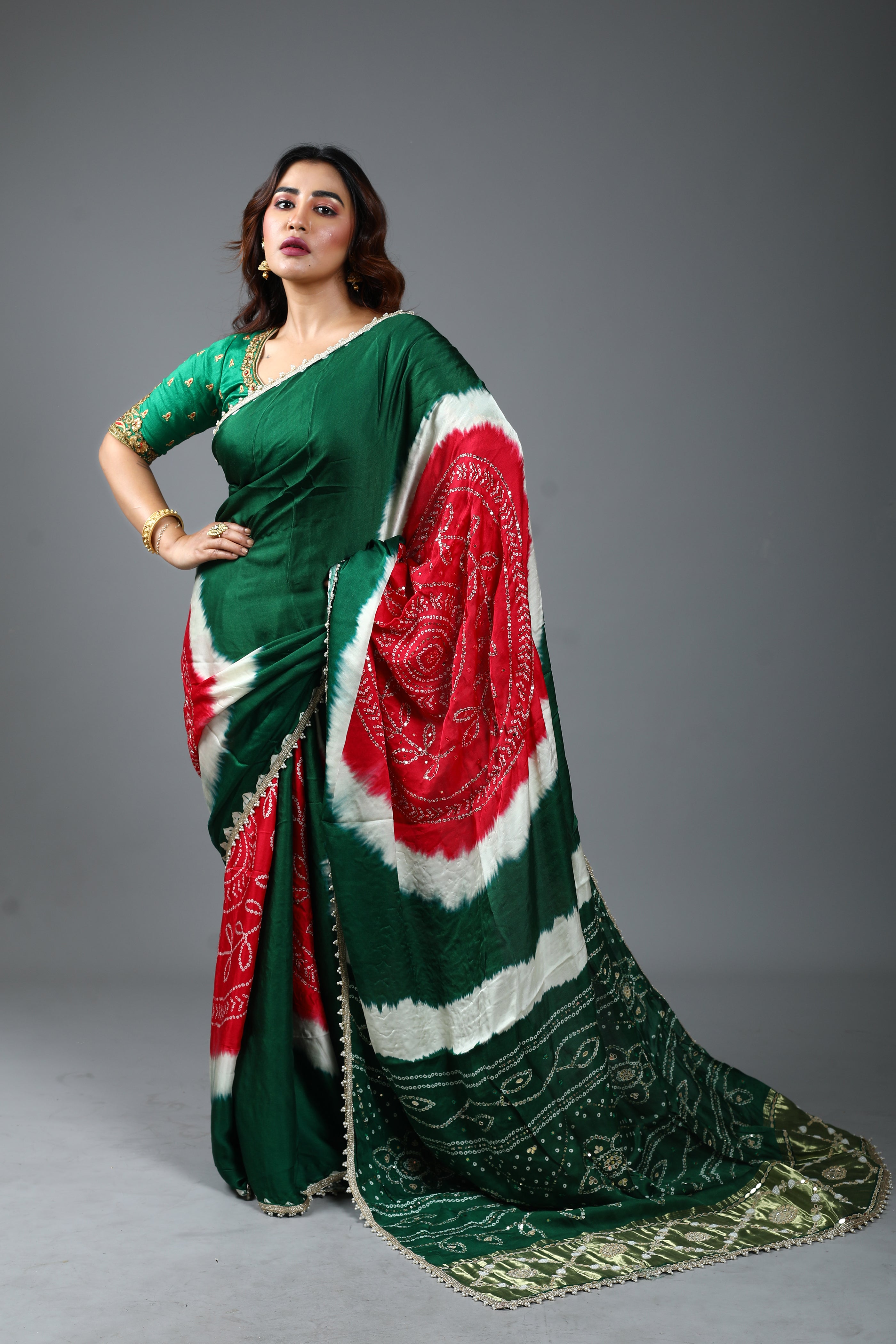 Designer Tie & Dye Green Dola Silk Saree