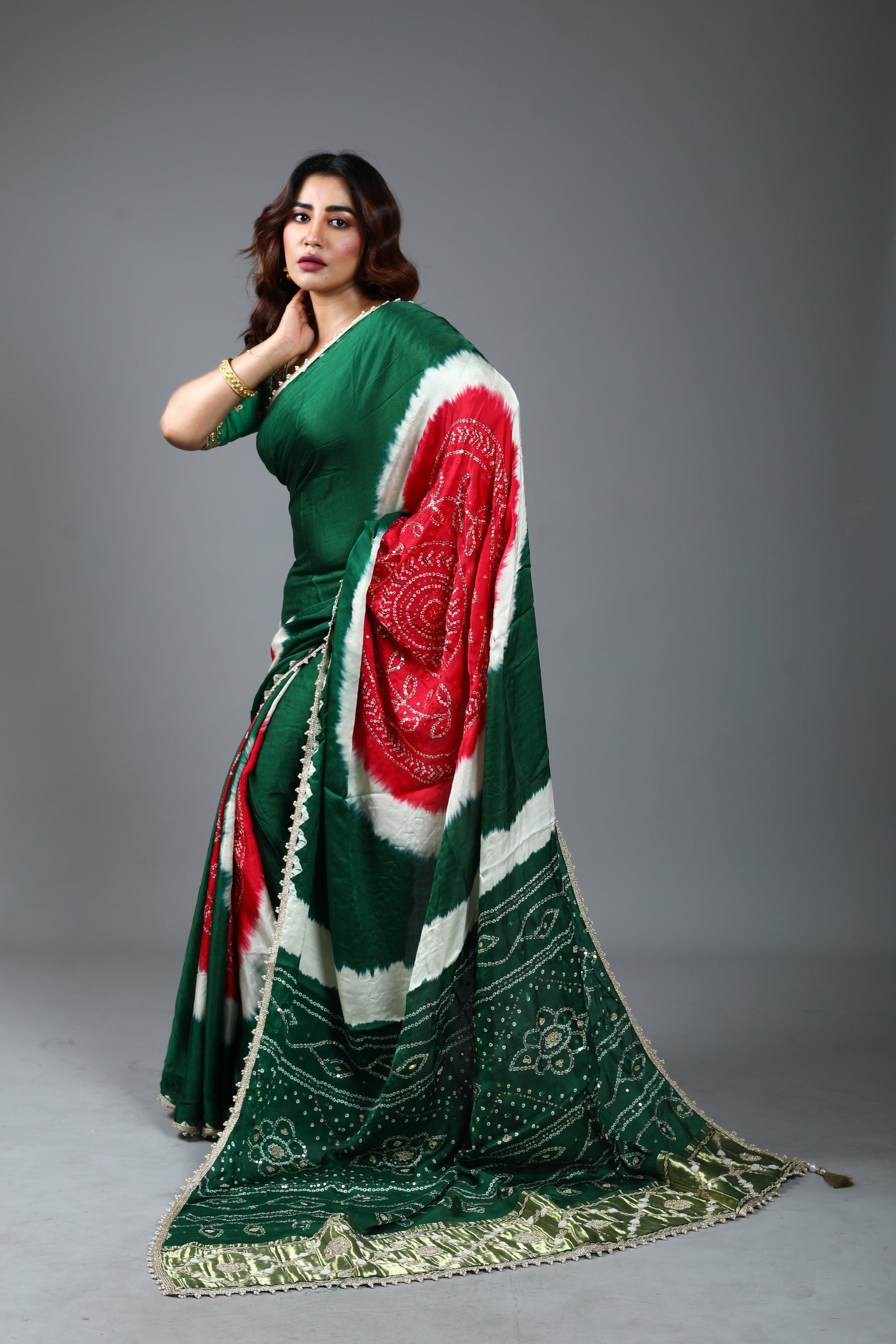 Designer Tie & Dye Green Dola Silk Saree