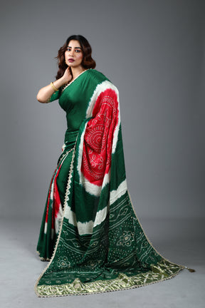 Designer Tie & Dye Green Dola Silk Saree