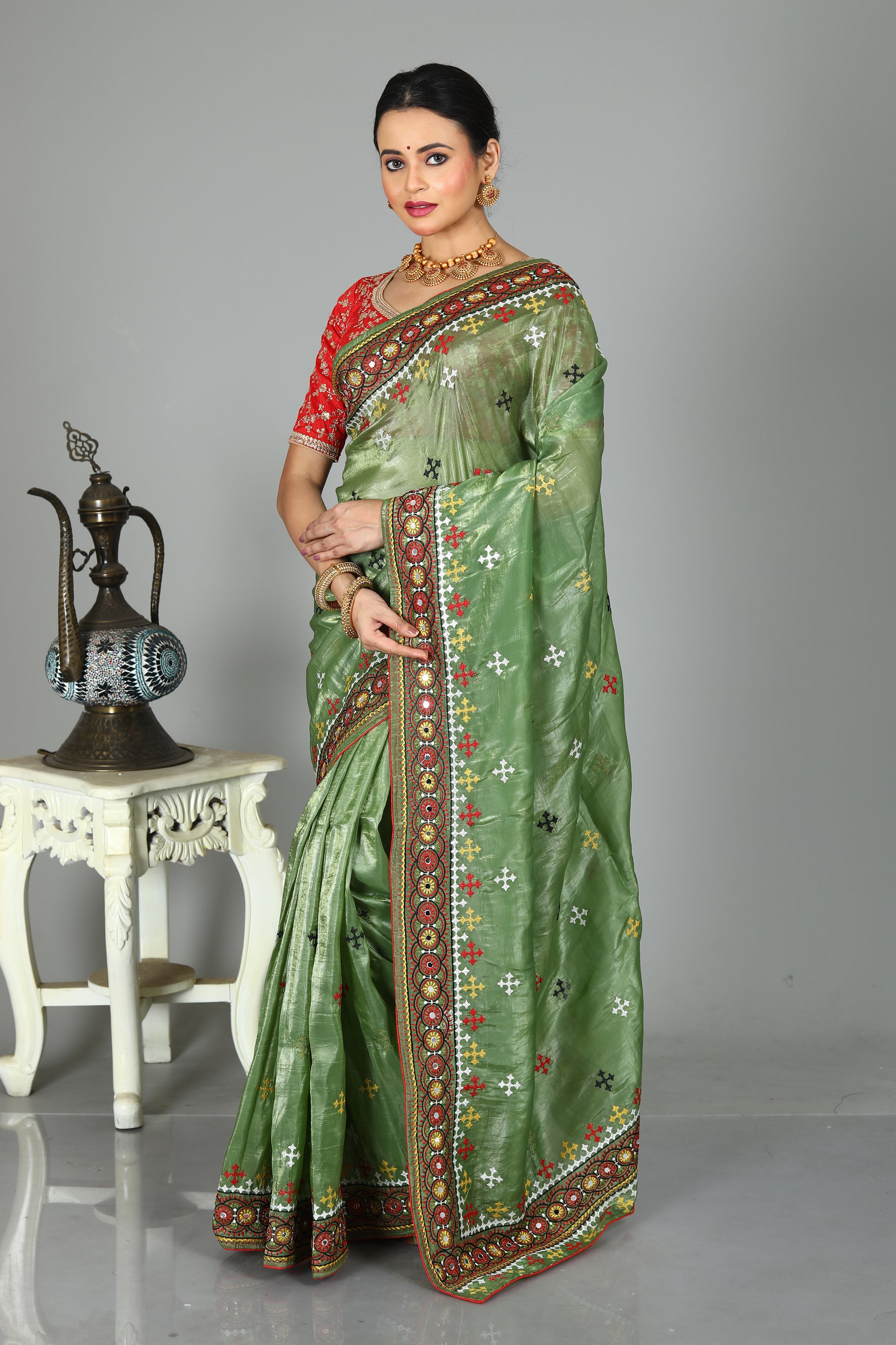 Green Blended Silk Saree with Threadwork