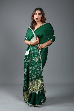 Designer Tie & Dye Green Dola Silk Saree