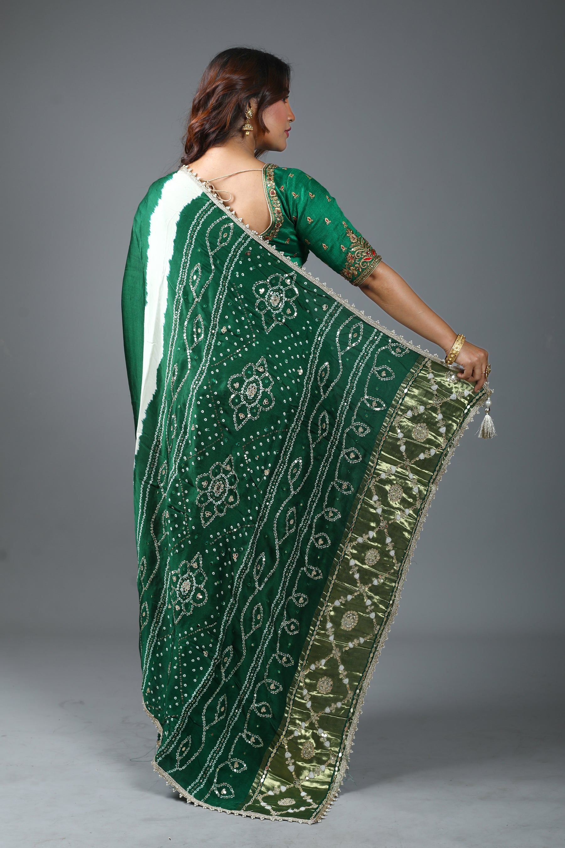 Designer Tie & Dye Green Dola Silk Saree